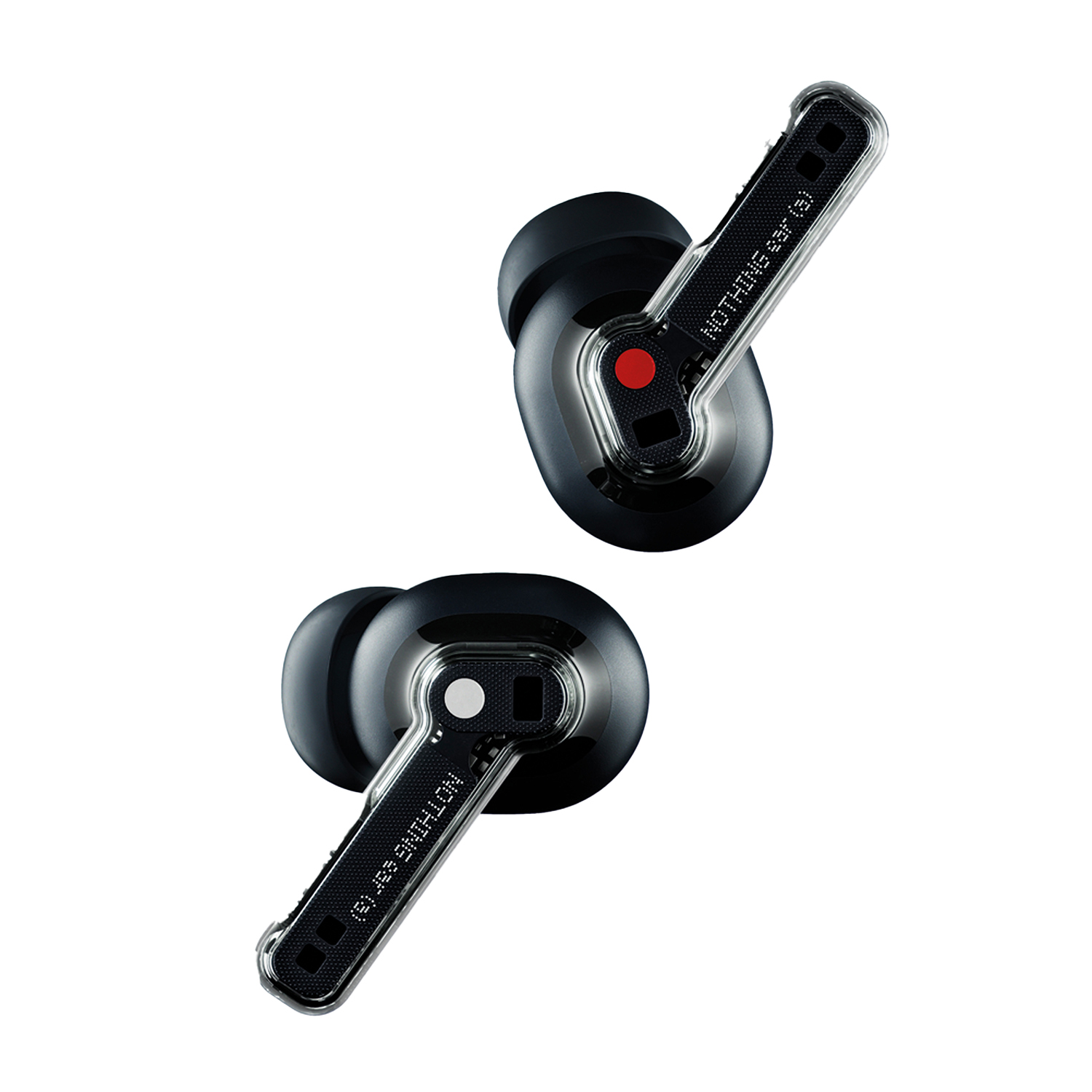 Due auricolari wireless neri. Ciascuno ha un'asta trasparente e un punto rosso o bianco.