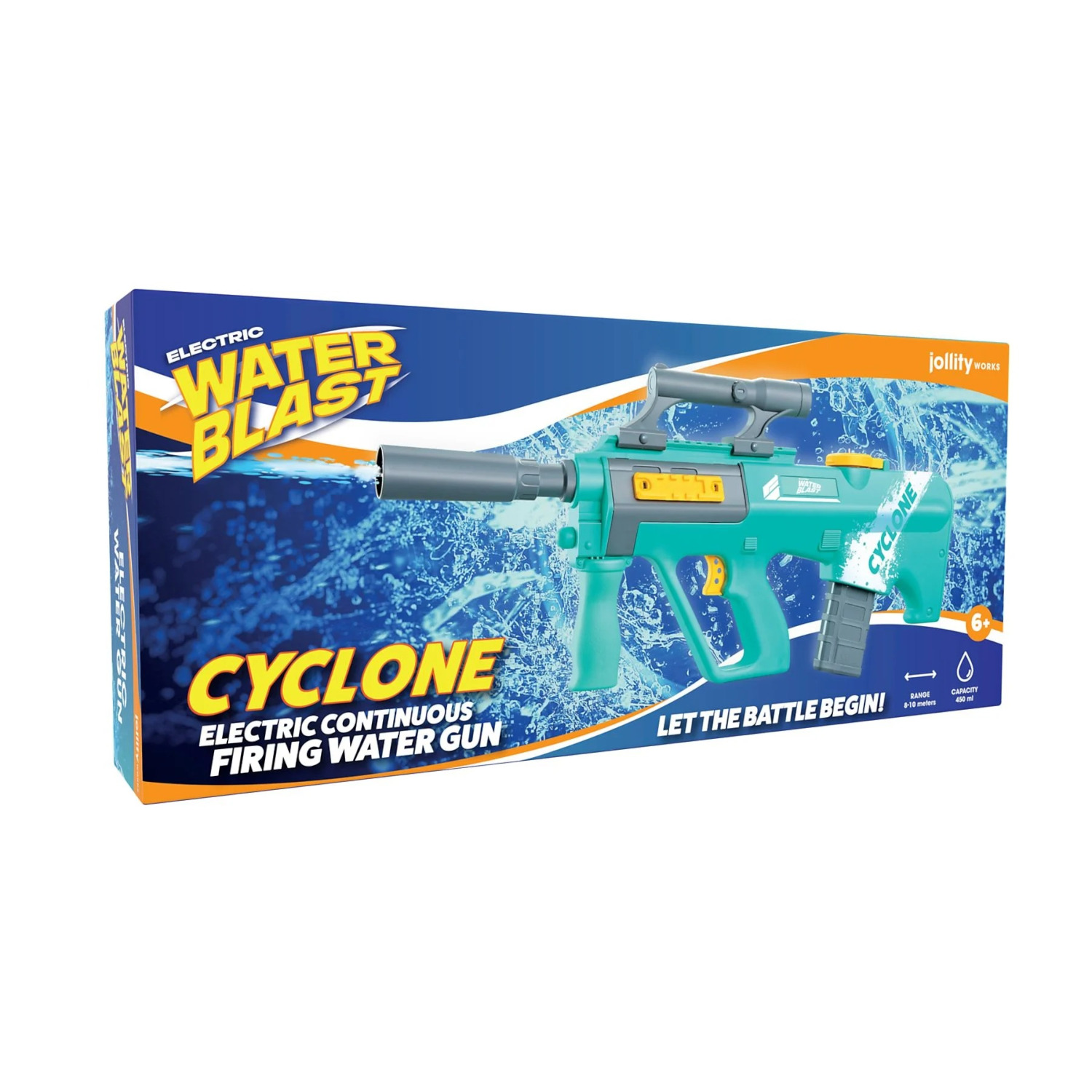 Een waterpistoolbox met een blauw en oranje ontwerp. Het pistool is blauwgroen en grijs en schiet water. De tekst luidt 'Cyclone' en 'Electric Water Blast'.