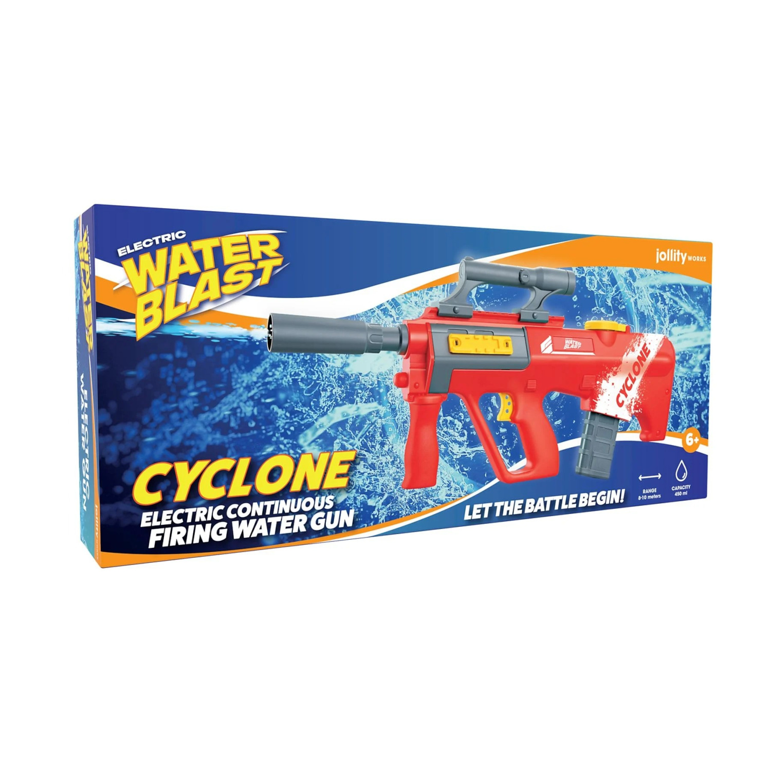 Een waterpistoolbox met een rood en grijs waterpistool. Op de doos staat 'Water Blast Cyclone Electric Continuous Firing Water Gun'.