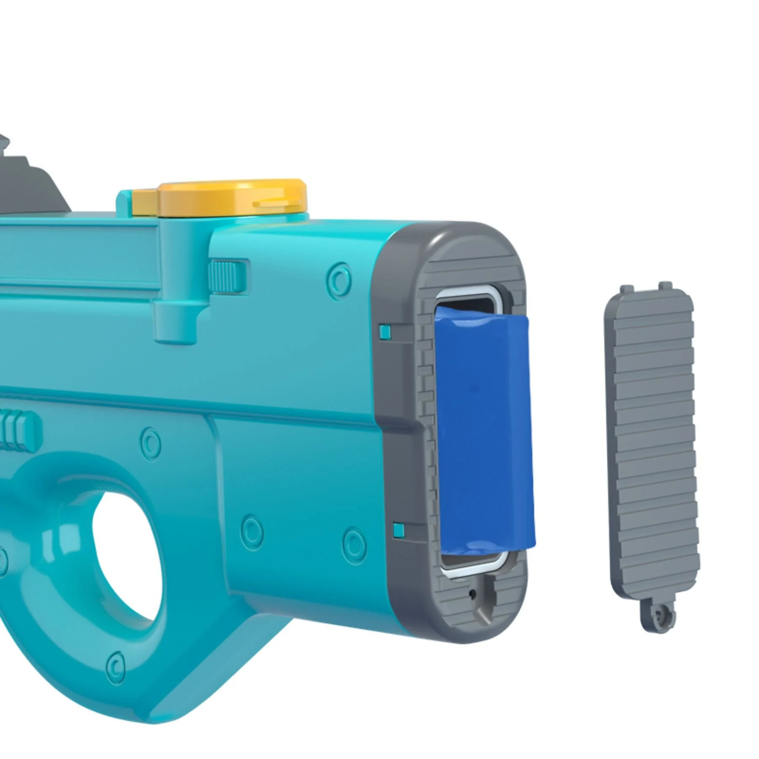 A close-up of a teal toy gun with a gray battery compartment open. A blue battery is visible, and the cover is separate.