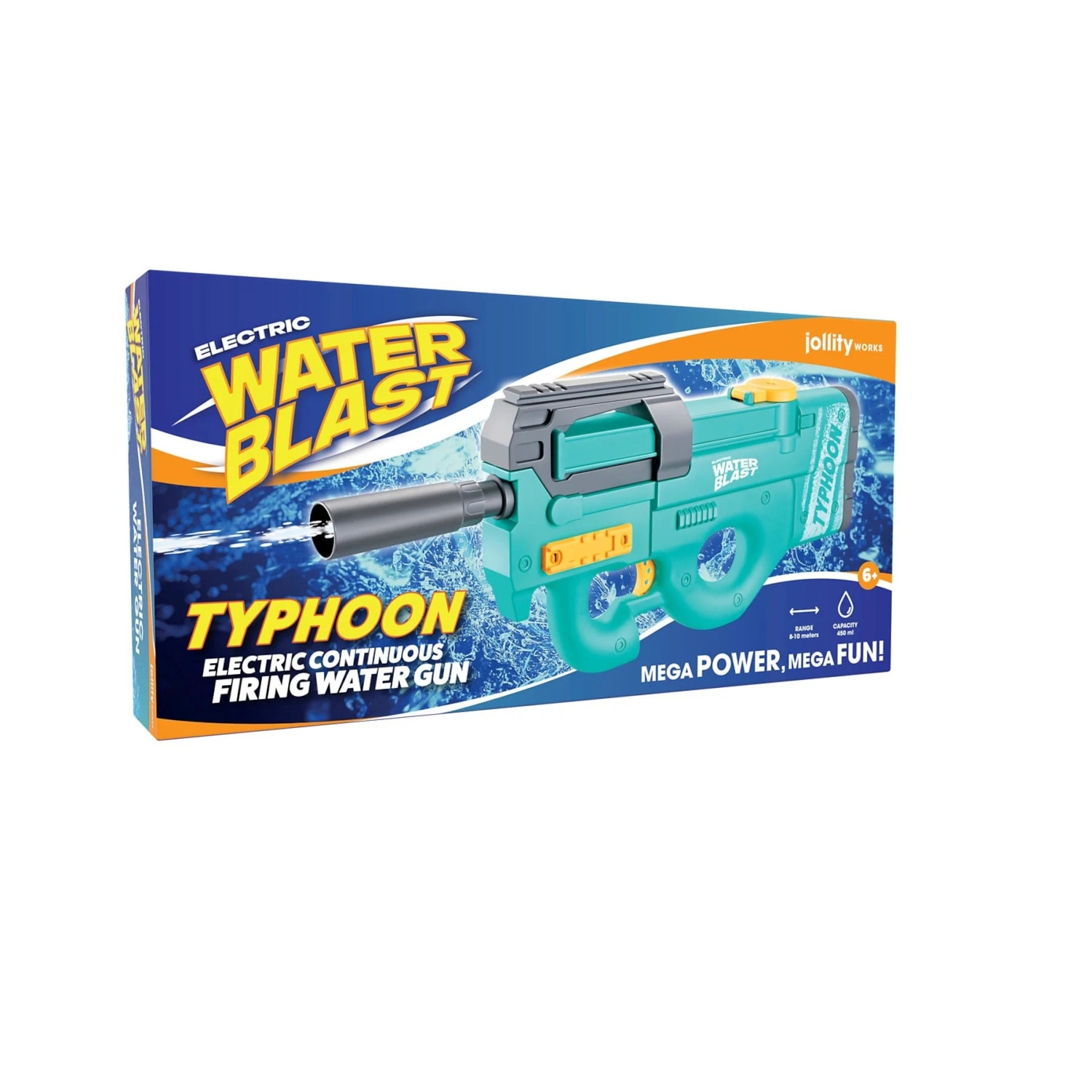 A box displays an electric water gun. The gun is teal and black. Text reads: Water Blast Typhoon. It promises mega power and fun.