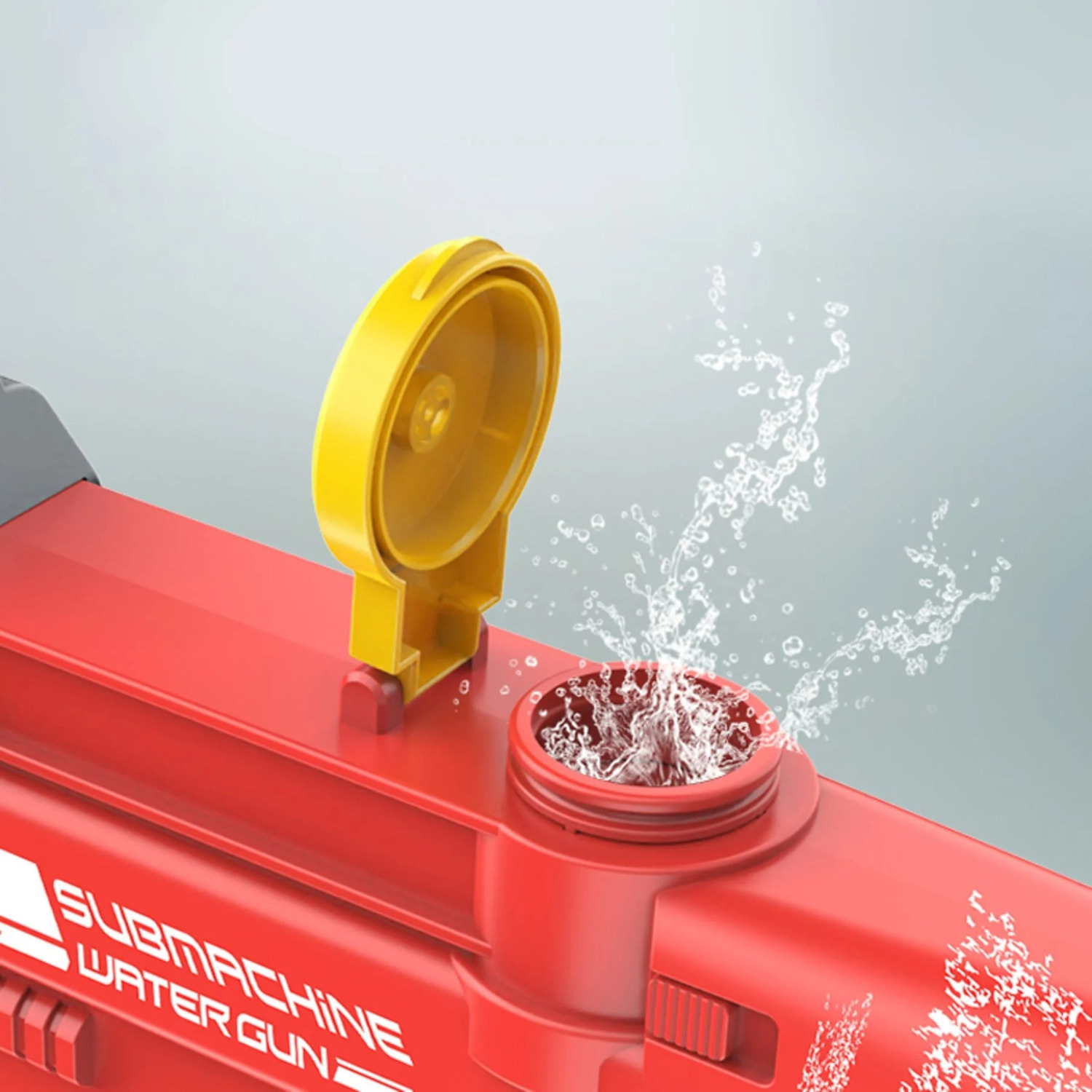 A red Submachine water gun with a yellow lid, water splashing out of the opening. The background is a light gray.