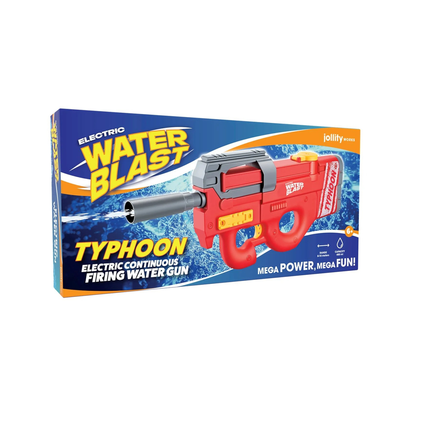 Boxed red and gray water gun toy, labeled 'Typhoon Water Blast'. Includes a description of its firing capabilities.
