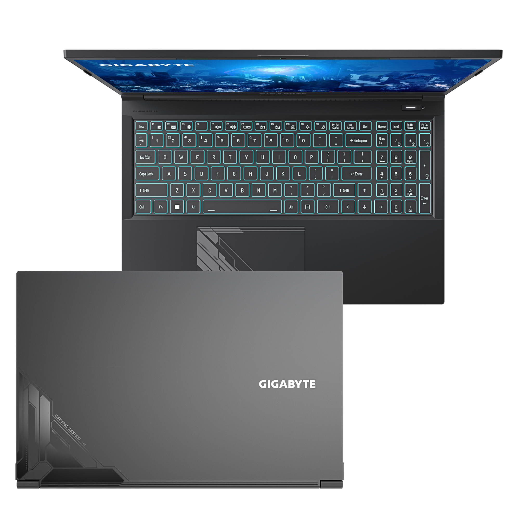 Ein schwarzer GIGABYTE Gaming-Laptop, obere und untere Ansicht, beleuchtete Tastatur.