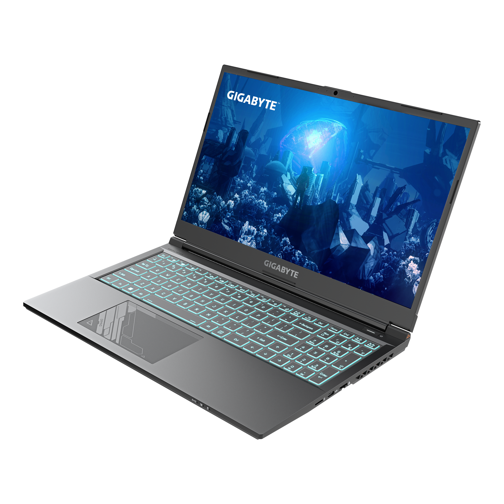 Ein schwarzer und grauer Laptop mit beleuchteter Tastatur, auf dunkler Oberfläche.