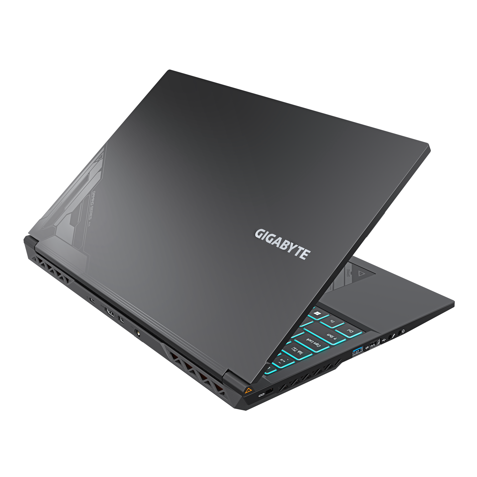 Schwarzer Laptop mit geöffneter Rückseite. GIGABYTE-Logo ist sichtbar.