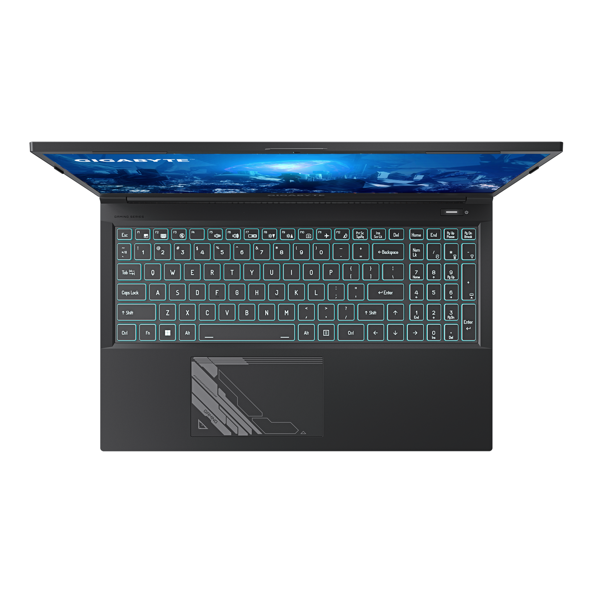 Draufsicht auf Laptop mit blau/grün beleuchteter Tastatur. Bildschirm zeigt ein Spiel.