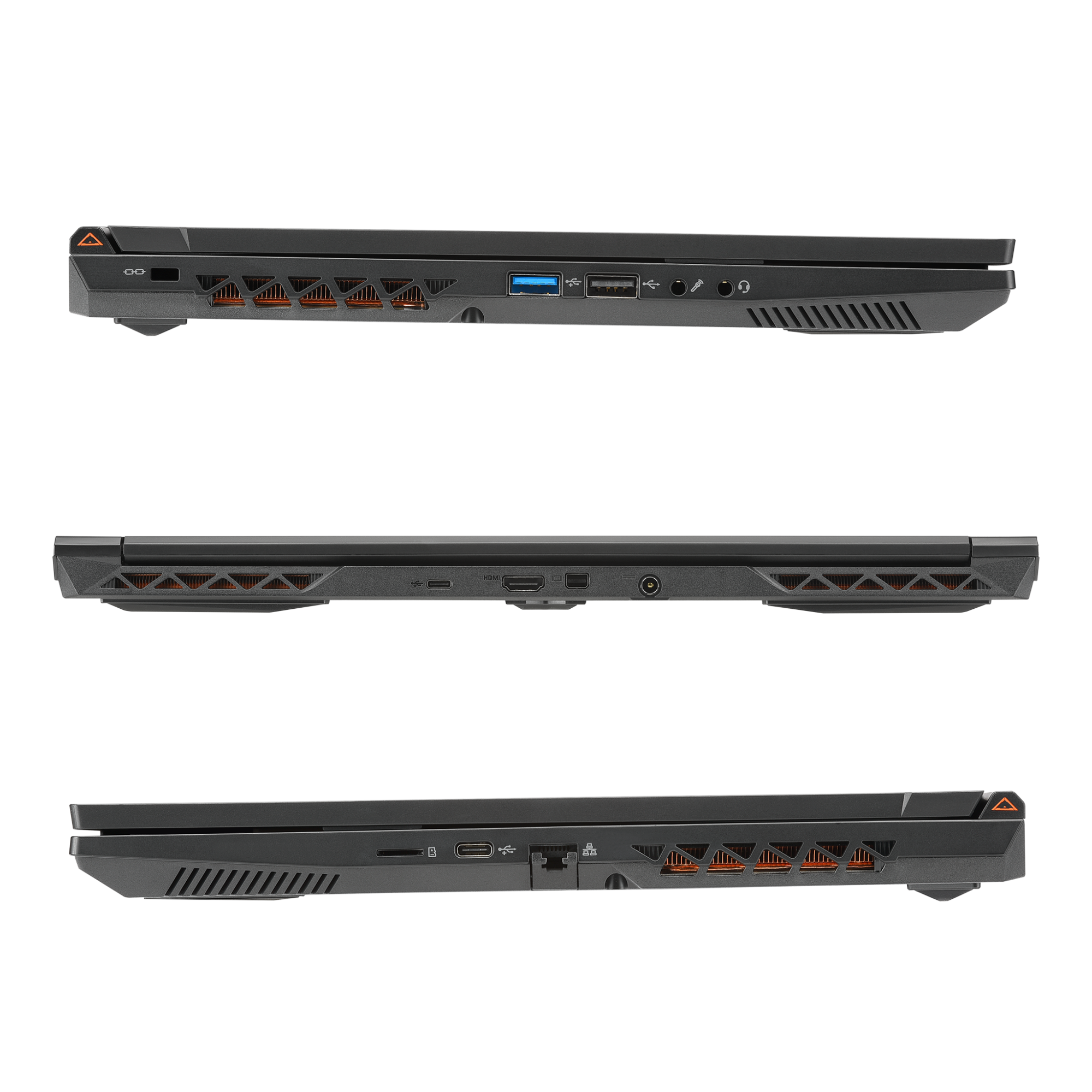 Drei Ansichten eines schwarzen Laptops. Zeigt Anschlüsse und Designdetails auf schwarzem Hintergrund.