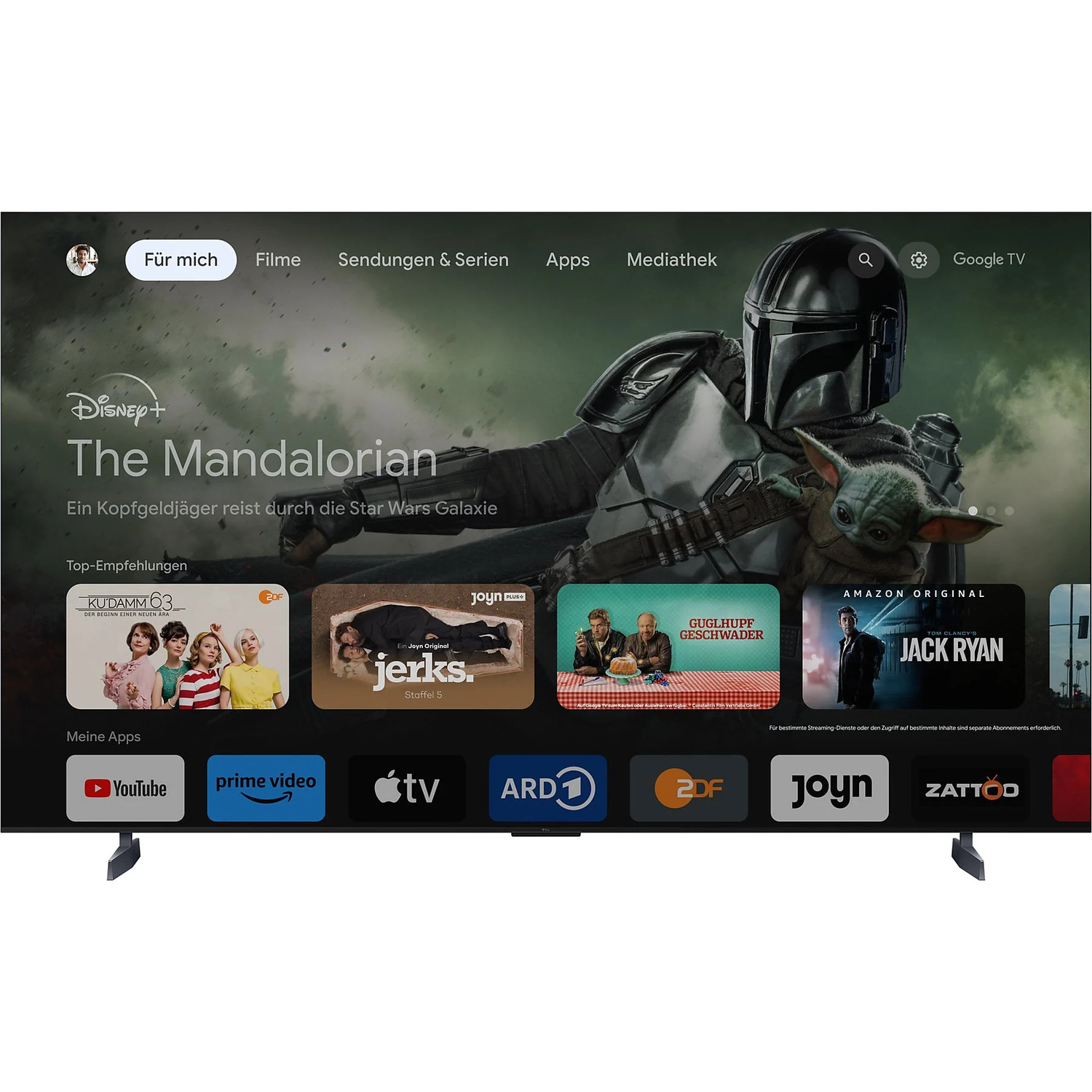 Écran de télévision avec interface de service de streaming, Mandalorian à l'écran.