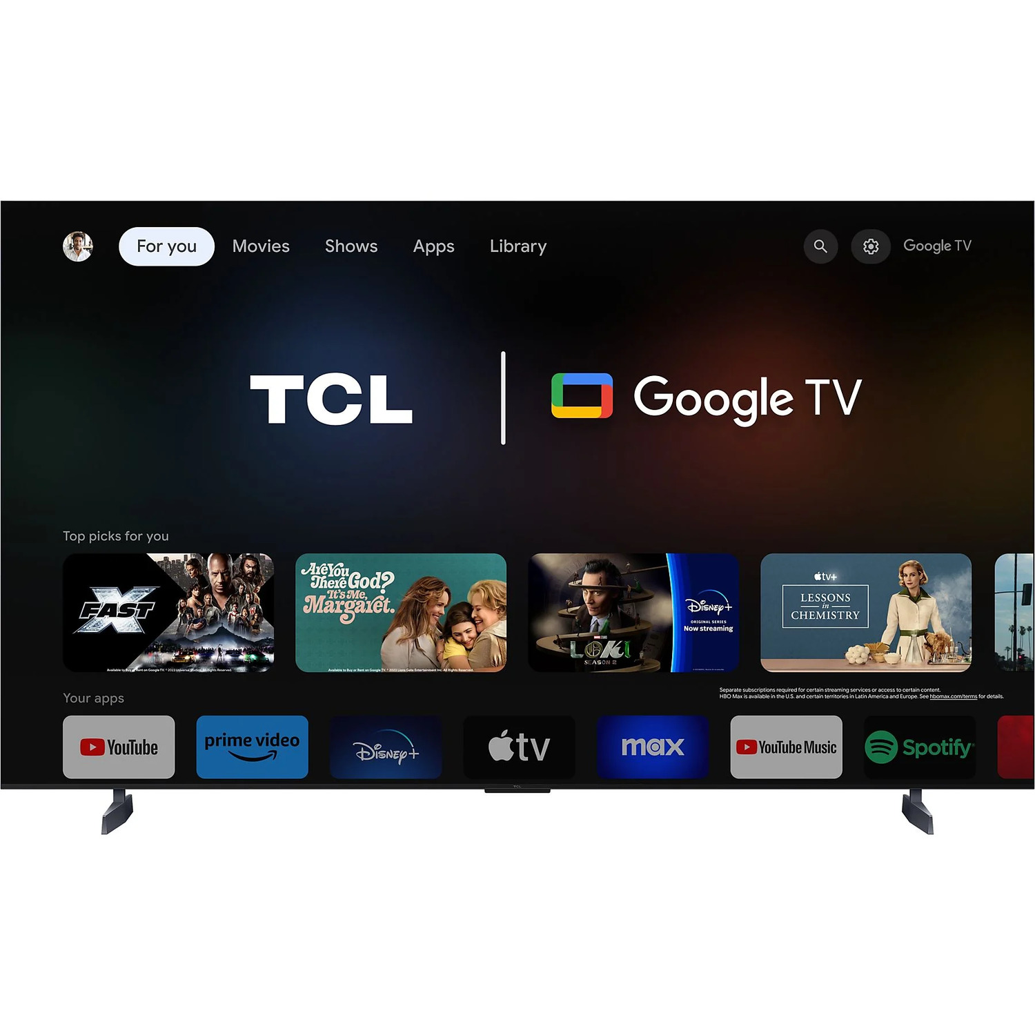 Un écran de télévision affiche l'interface Google TV. Logos TCL et Google TV. Films et applications affichés.