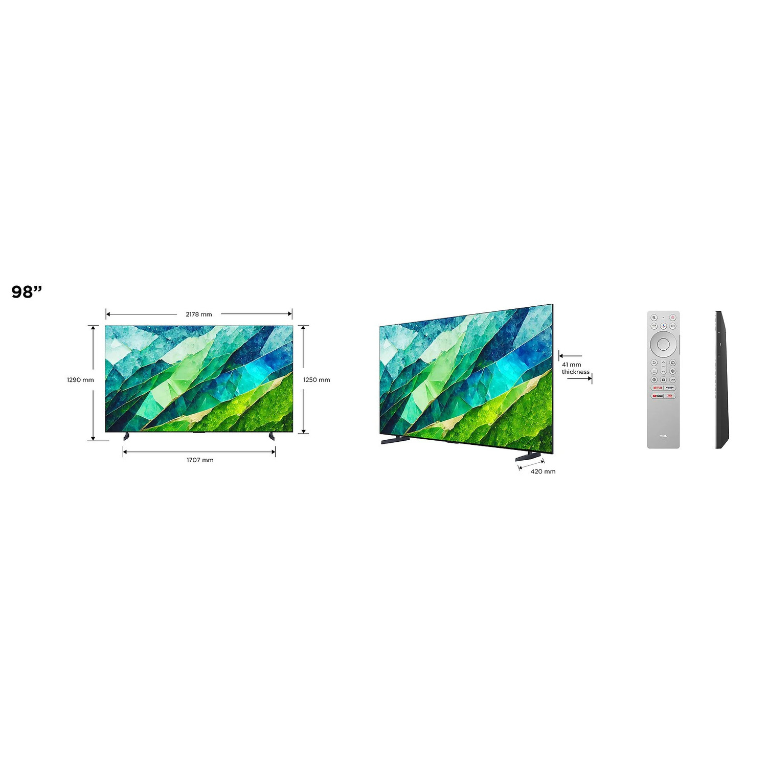 Deux téléviseurs et une télécommande. Dimensions étiquetées. Fond blanc.