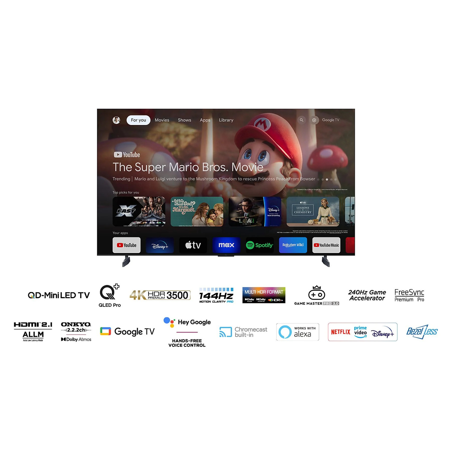 Un écran de télévision affiche la bande-annonce du film Super Mario Bros. et plusieurs logos.