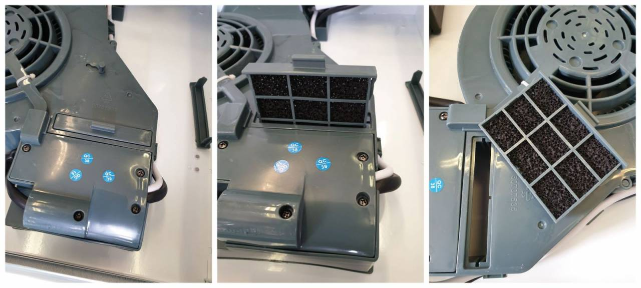 Ventilátor alkatrész közeli képei, egy szűrőt és a ventilátor belső részeit mutatva.