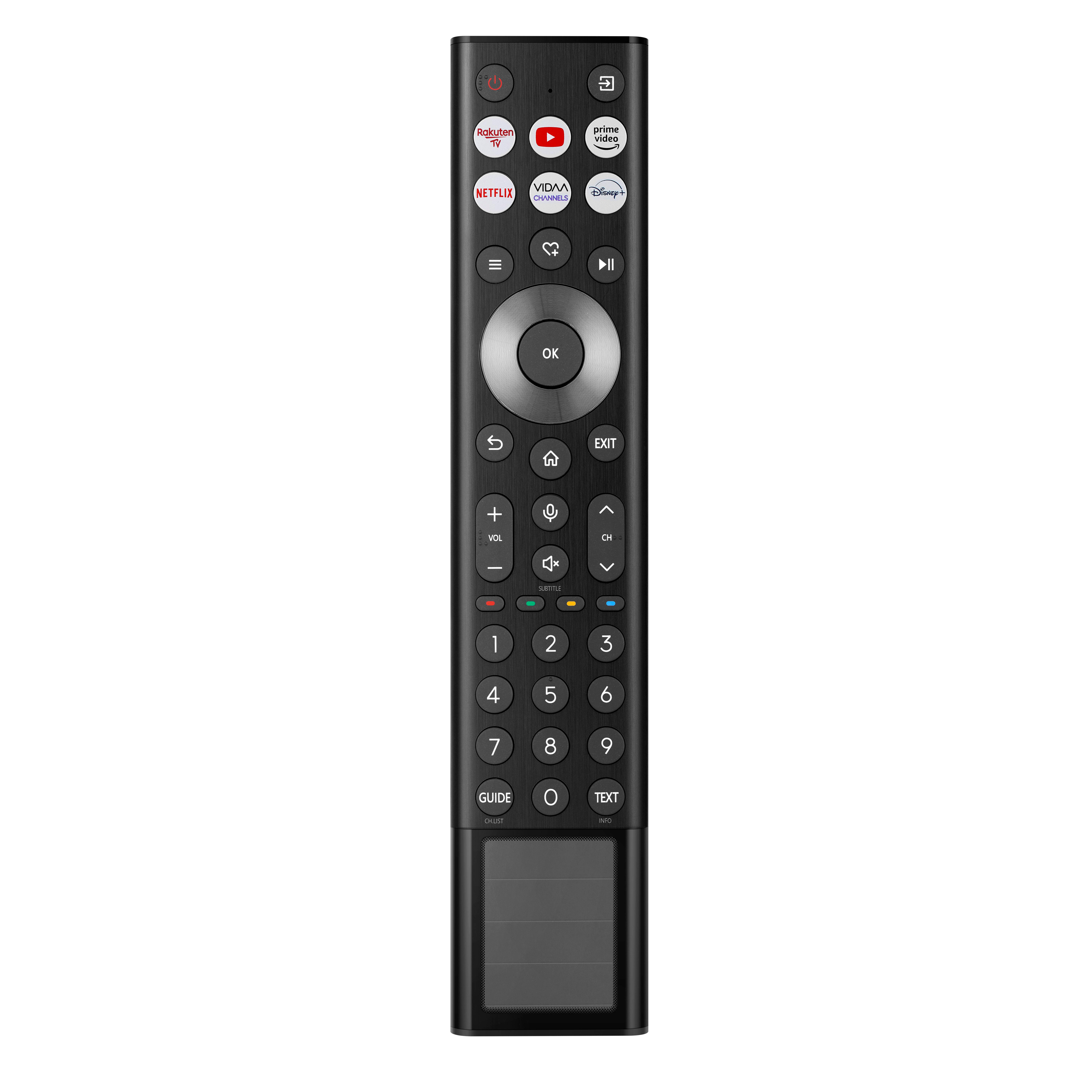 Schwarze TV-Fernbedienung mit vielen Tasten. Enthält ein Touchpad unten.