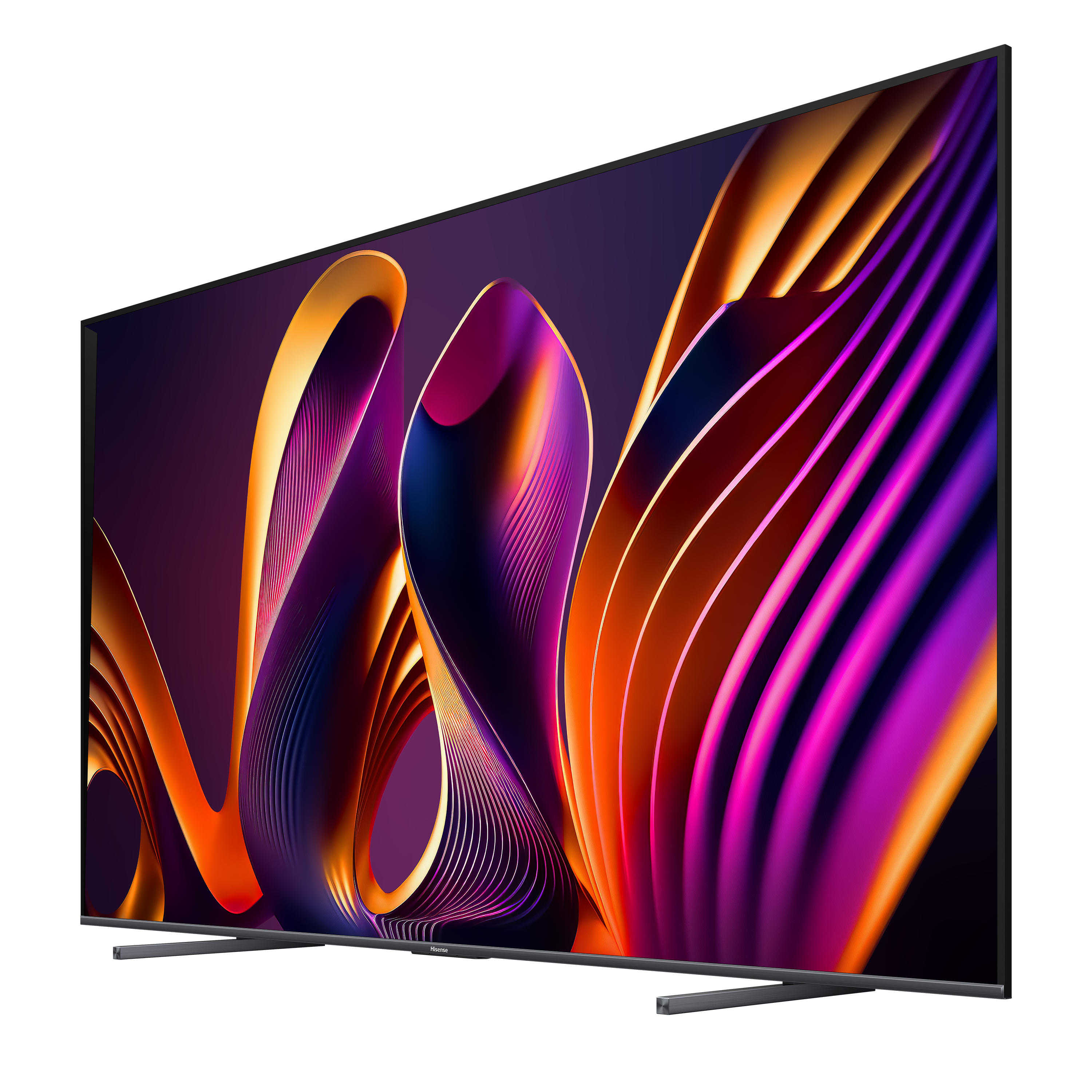 Ein großer Flachbildfernseher, der abstrakte Kunst zeigt. Der Fernseher steht auf einem Ständer und ist leicht angewinkelt.