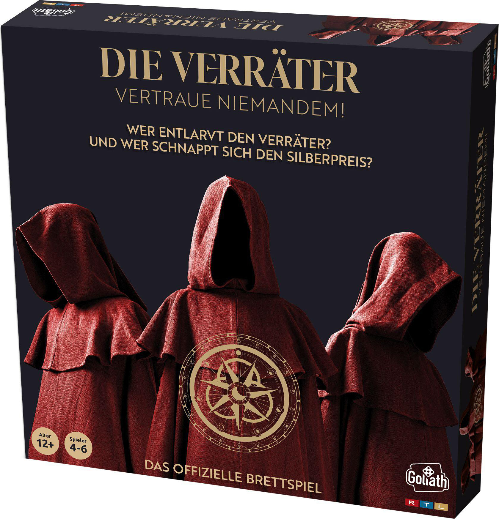 Brettspielbox mit drei Figuren in roten Umhängen. Titel: Die Verräter. Vertraue niemandem!