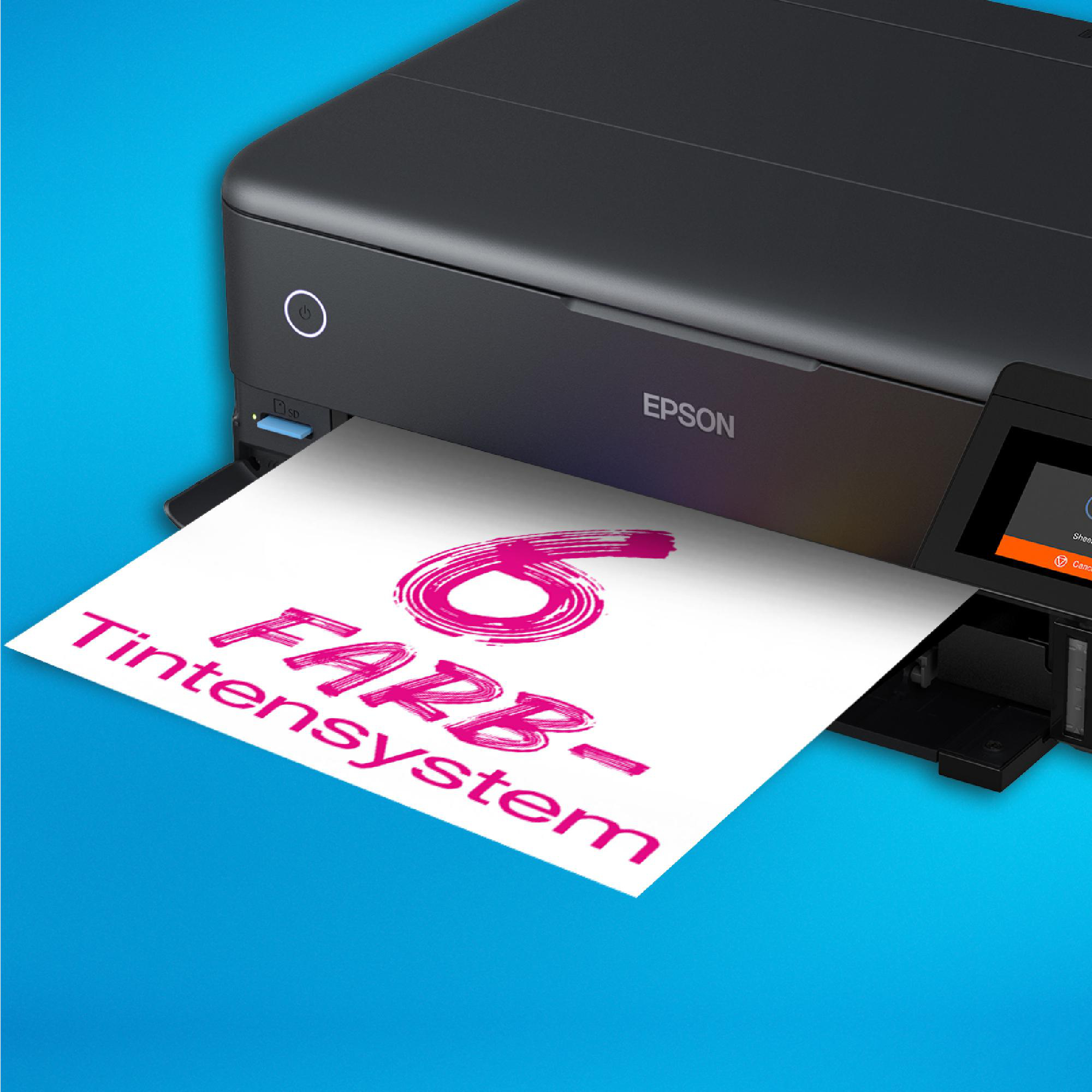 Ein Epson-Drucker druckt eine Seite. Die Seite hat Text in Pink und einen blauen Hintergrund.