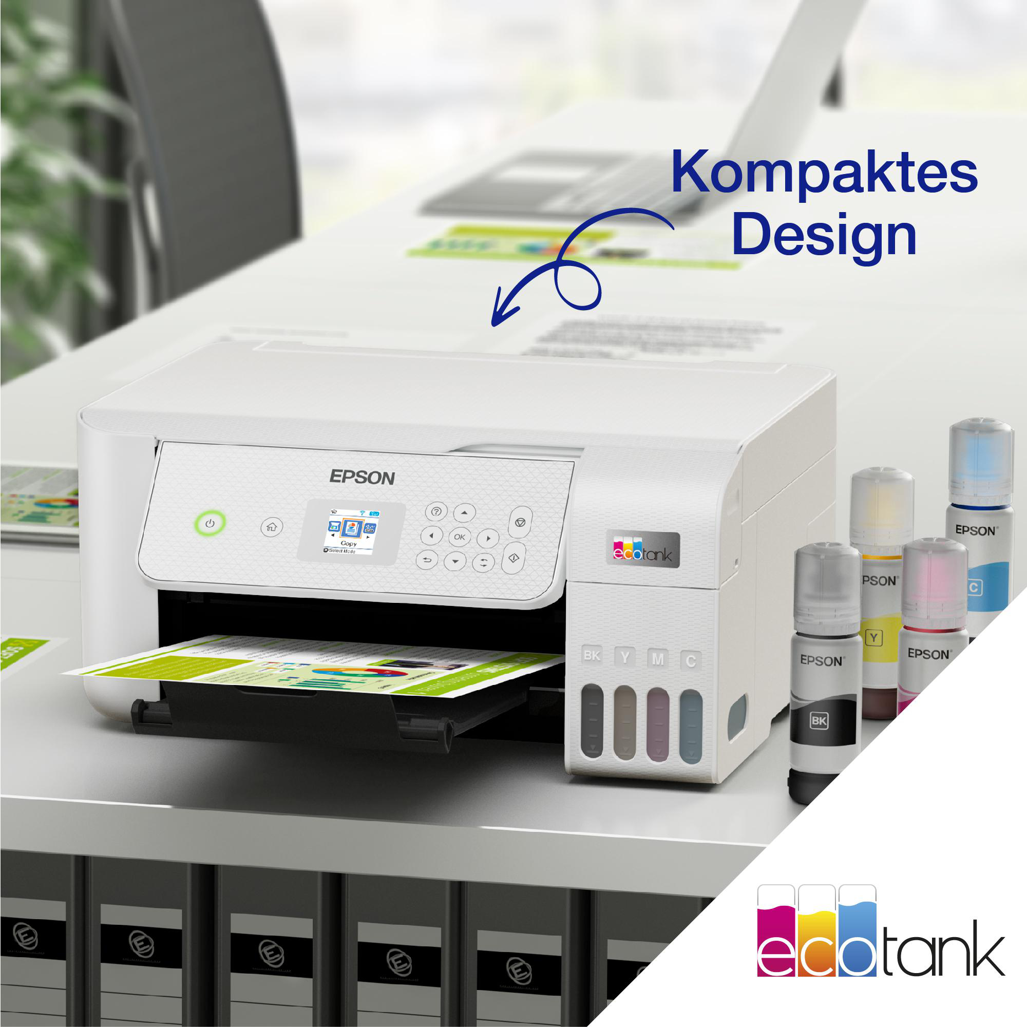 Weißer Epson-Drucker mit Tintenflaschen. Text lautet Kompaktes Design und ecotank.