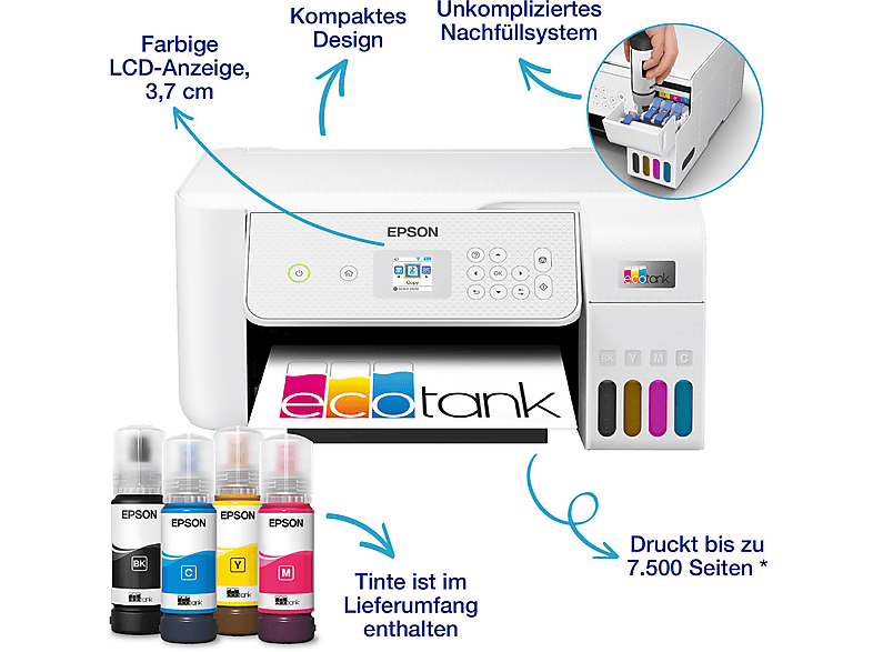 EPSON EcoTank ET-2876 - nachfüllbarer 3-in-1 Tintentankdrucker inkl. Tinte, WiFi, Apple AirPrint, Epson SmartPanel App Multifunktionsdrucker