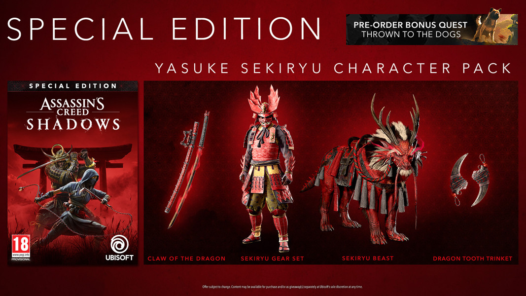 Boîte de jeu Assassin's Creed Shadows Édition Spéciale avec images du pack de personnages.
