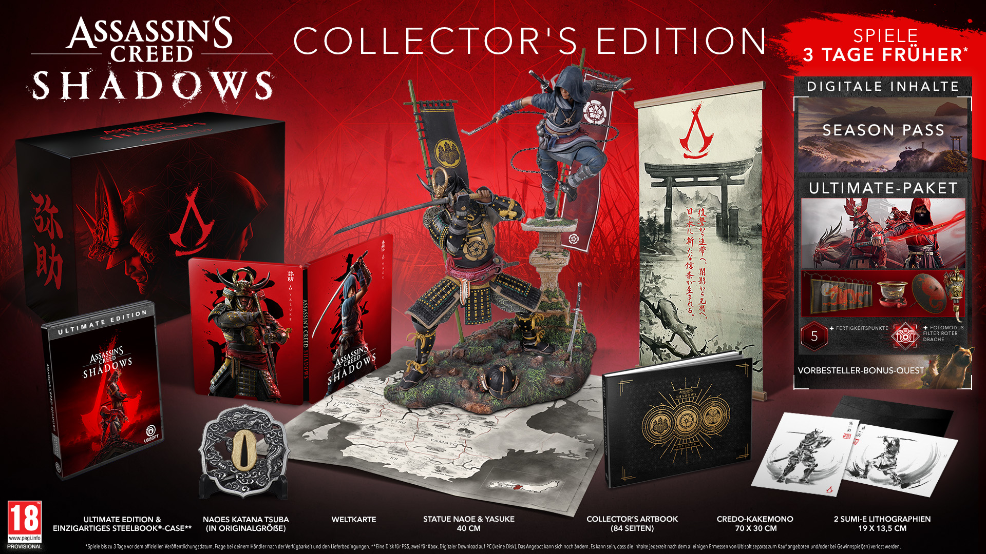 Assassin's Creed Shadows Collector's Edition. Mehrere Artikel werden angezeigt: Statue, Artbook und mehr.