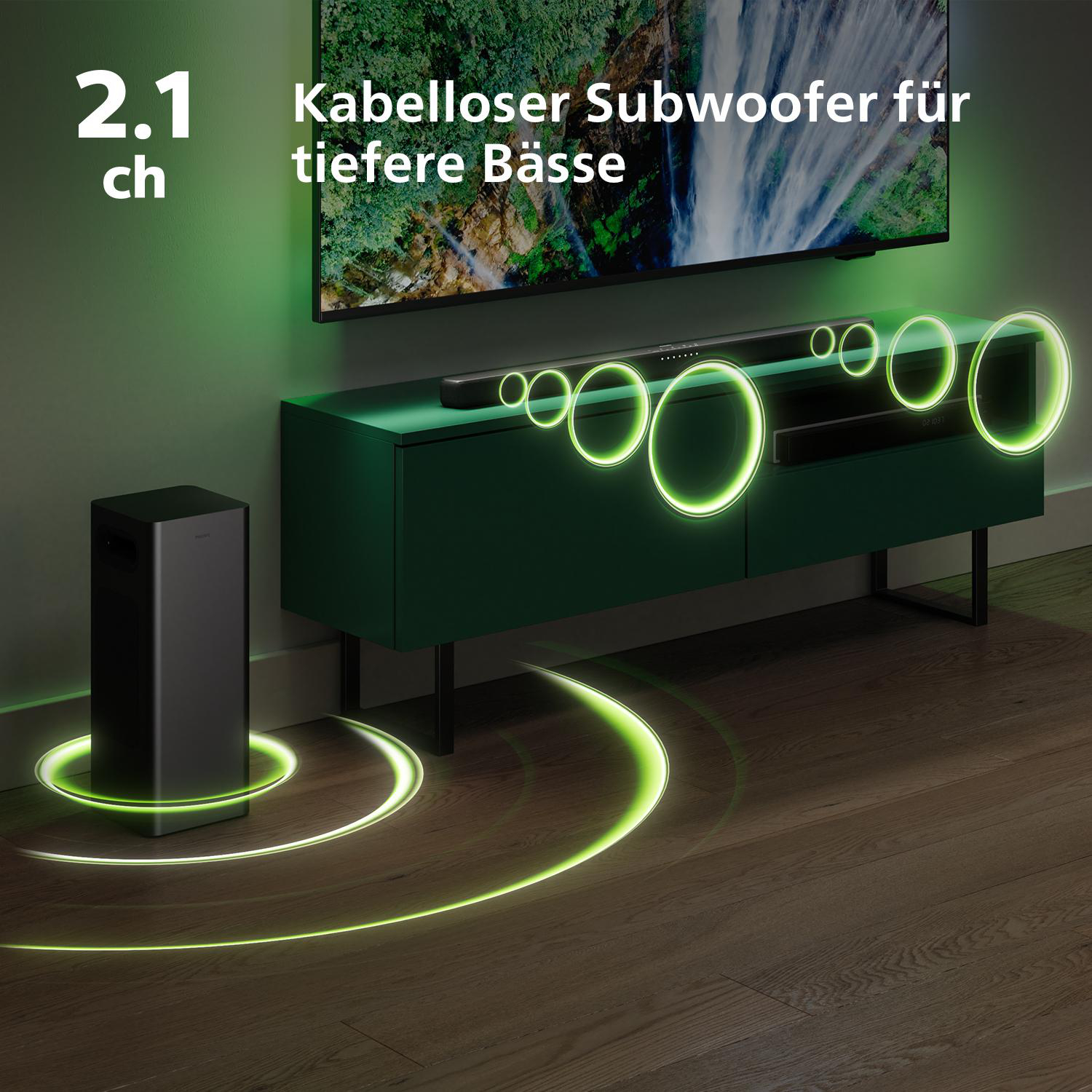 Ein Soundsystem-Setup mit einem schwarzen Subwoofer und einer Soundbar auf einem grünen Schrank.