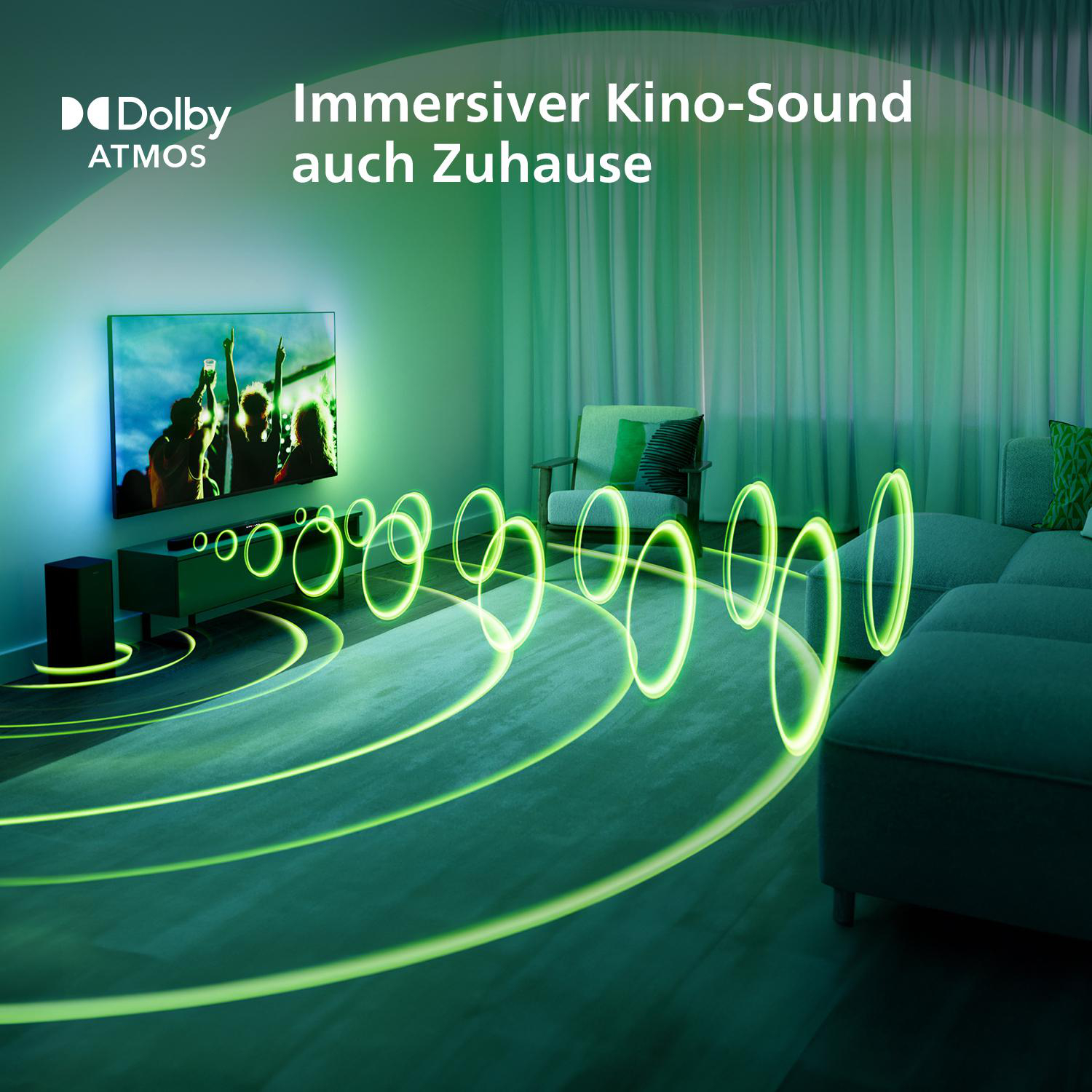 Ein Wohnzimmer mit Fernseher, Soundsystem und Sofa. Grüne Wellengrafiken illustrieren den Ton vom Fernseher.