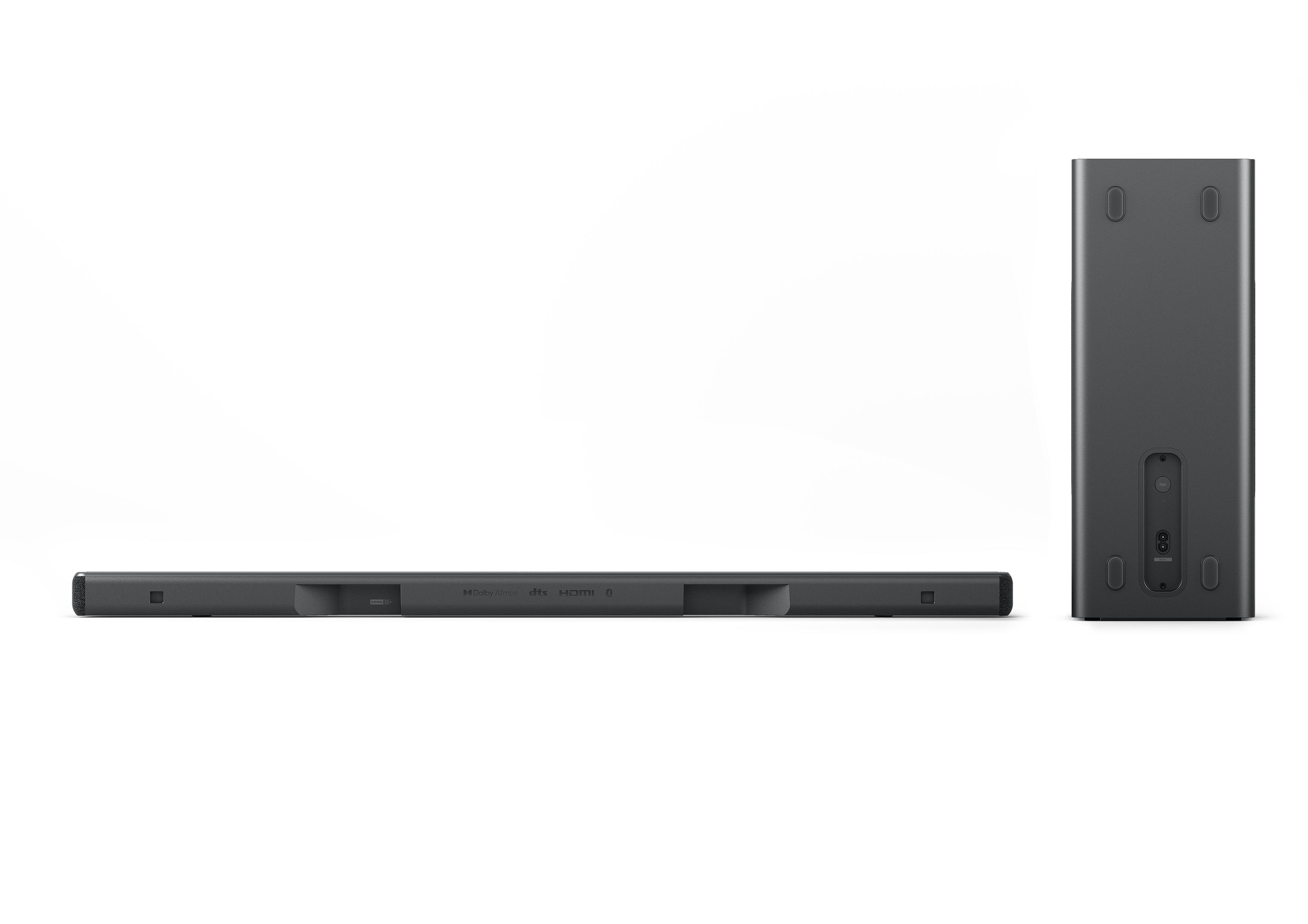 Eine dunkelgraue Soundbar und ein Subwoofer, platziert auf weißem Hintergrund. Beide sind rechteckig.