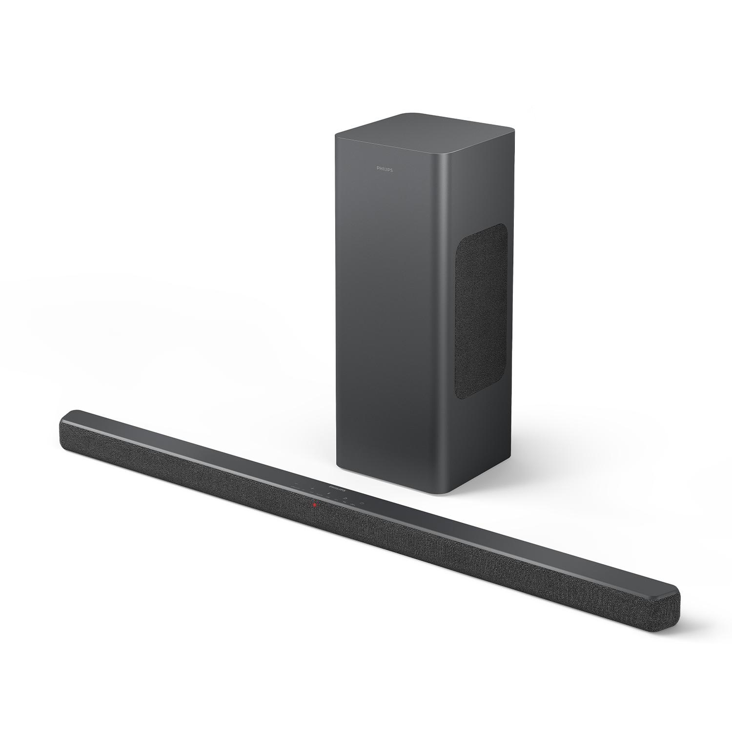 Dunkelgraue Soundbar mit passendem Subwoofer, beide auf weißem Hintergrund.