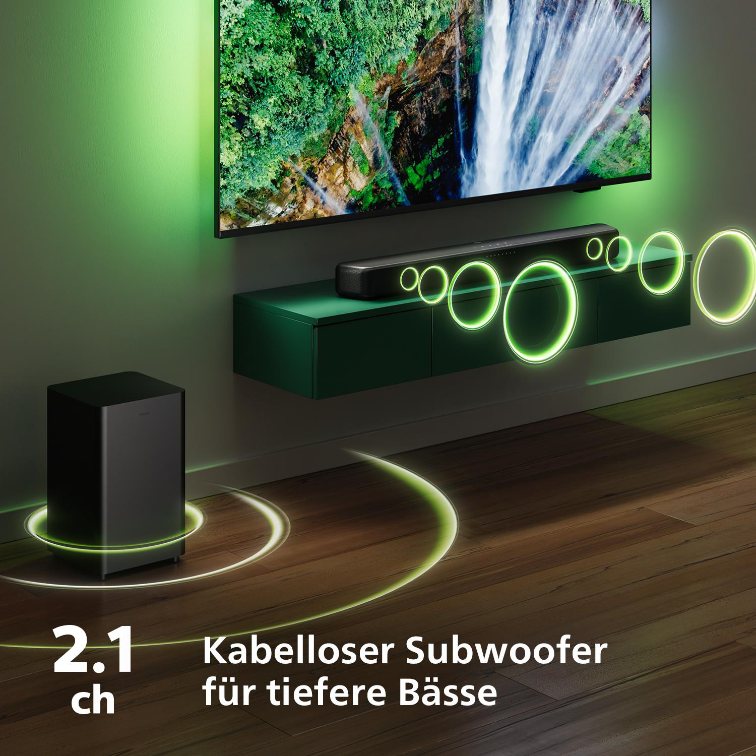 Wohnzimmer-Setup mit Fernseher, Soundbar und Subwoofer, mit grünen Lichteffekten.