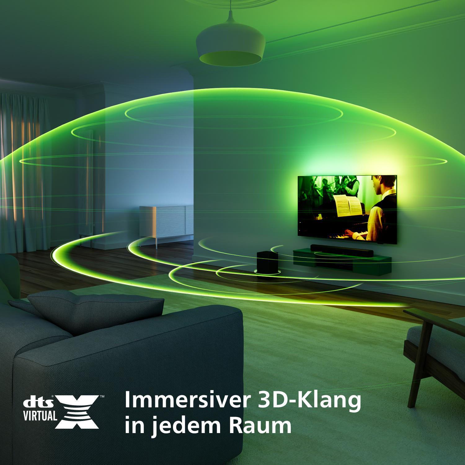 Wohnzimmer mit Fernseher und Soundsystem. Grüne Lichteffekte sind vorhanden.