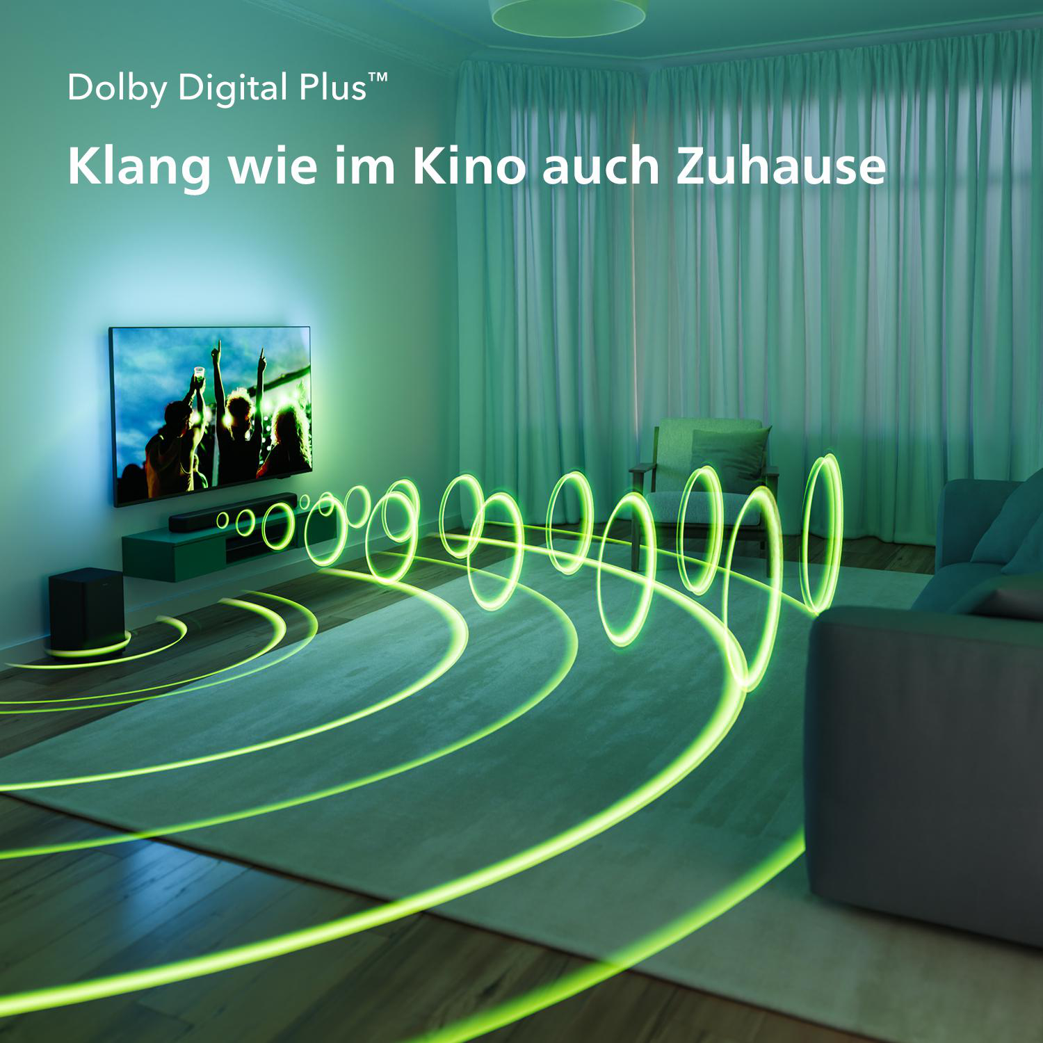 Wohnzimmer mit TV und Soundsystem. Grüne Lichteffekte, Text: Dolby Digital Plus.