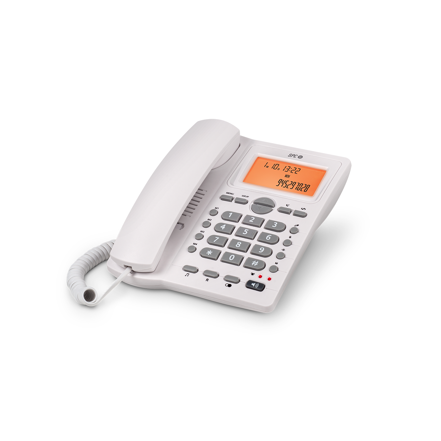 Teléfono de escritorio blanco con botones y pantalla, aislado sobre fondo negro.