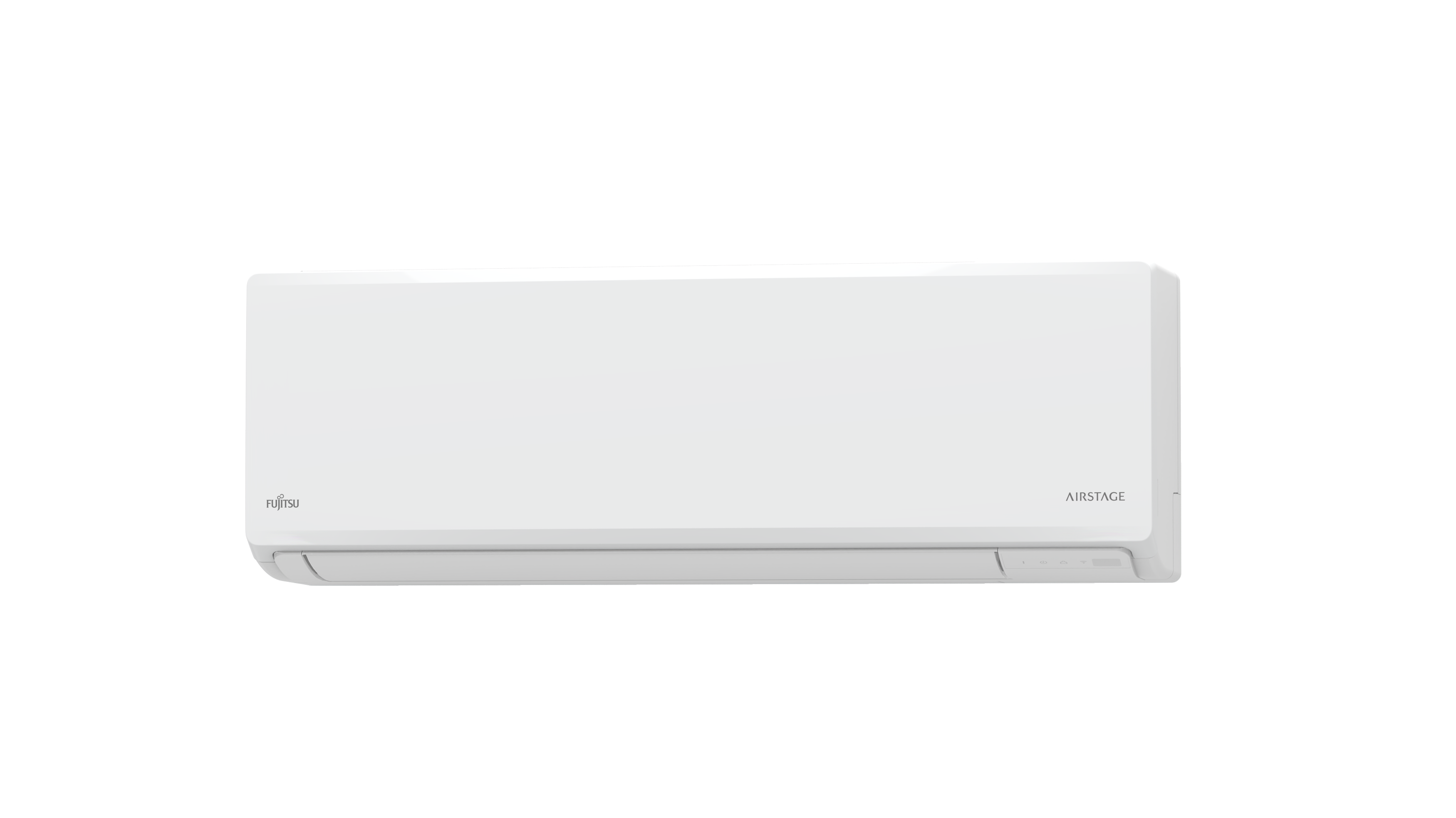 Un aire acondicionado blanco sobre un fondo negro, con la marca 'fujitsu'.