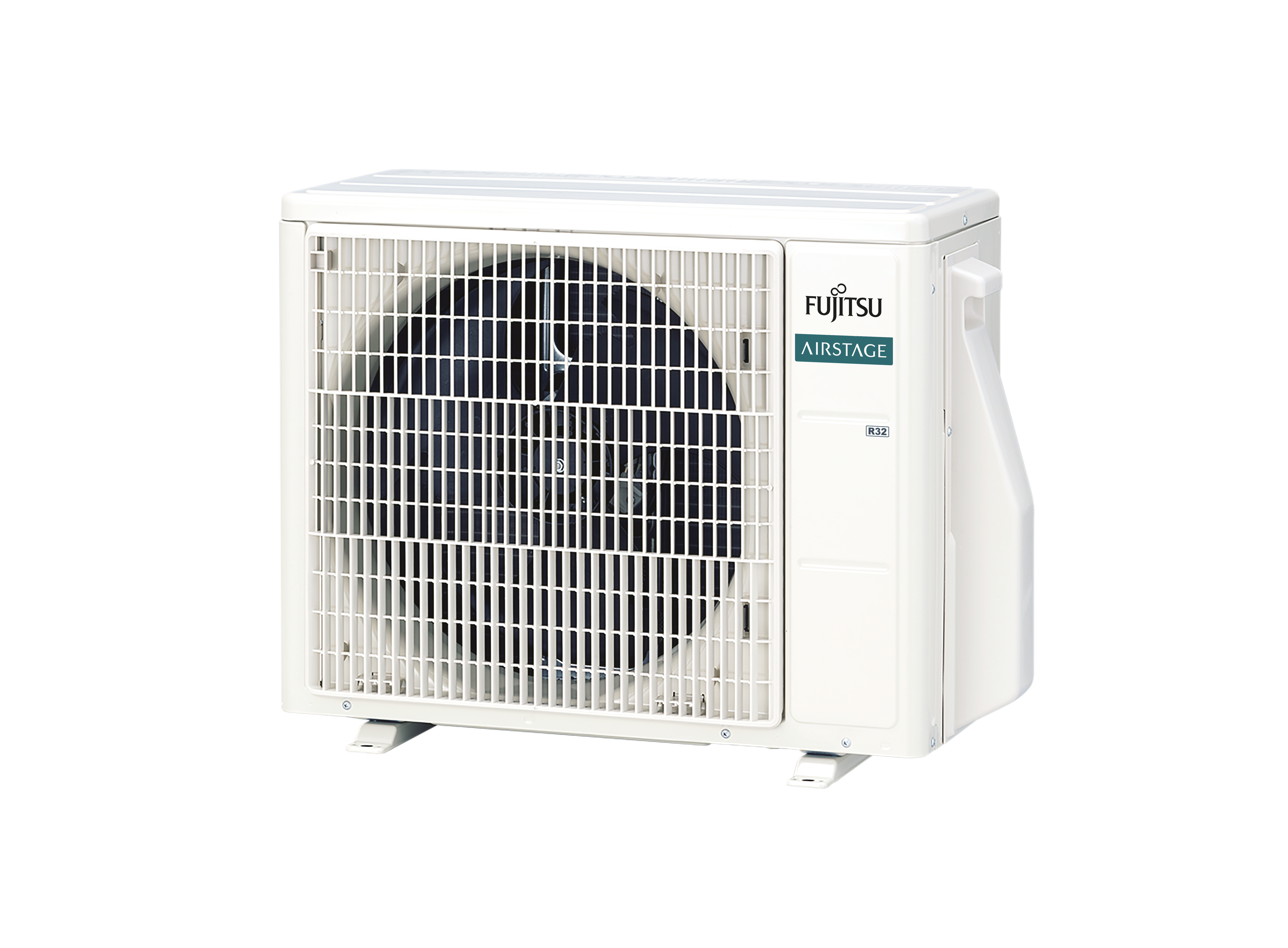 Unidad de aire acondicionado Fujitsu Airstage. Blanco, con ventilador negro visible.