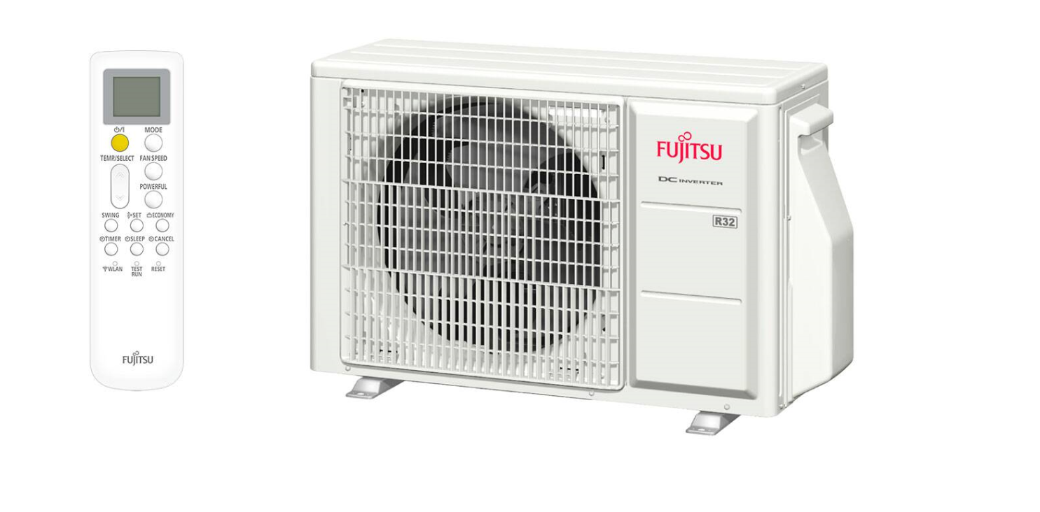 Una unidad de aire acondicionado Fujitsu con un mando a distancia, fondo blanco.