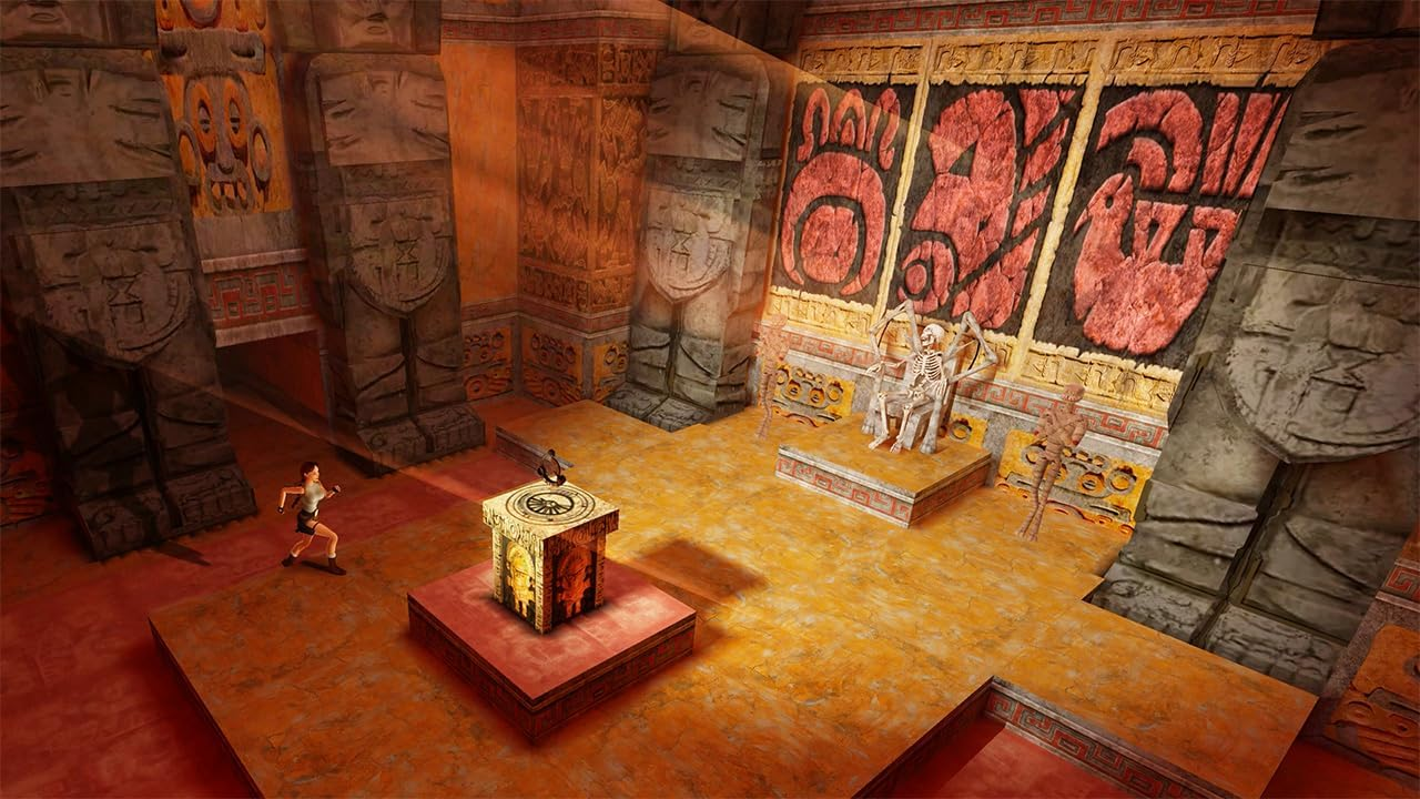 Una escena con una figura corriendo hacia un altar central. Hay pilares, grabados y un esqueleto.