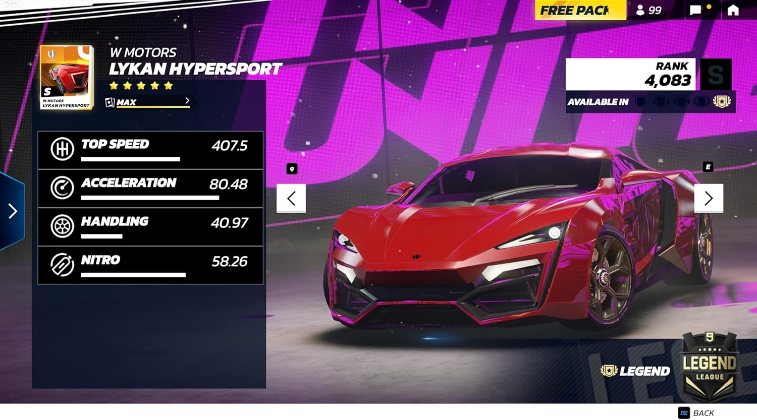 Interfaz de juego móvil con estadísticas de un coche rojo. El coche es el foco.