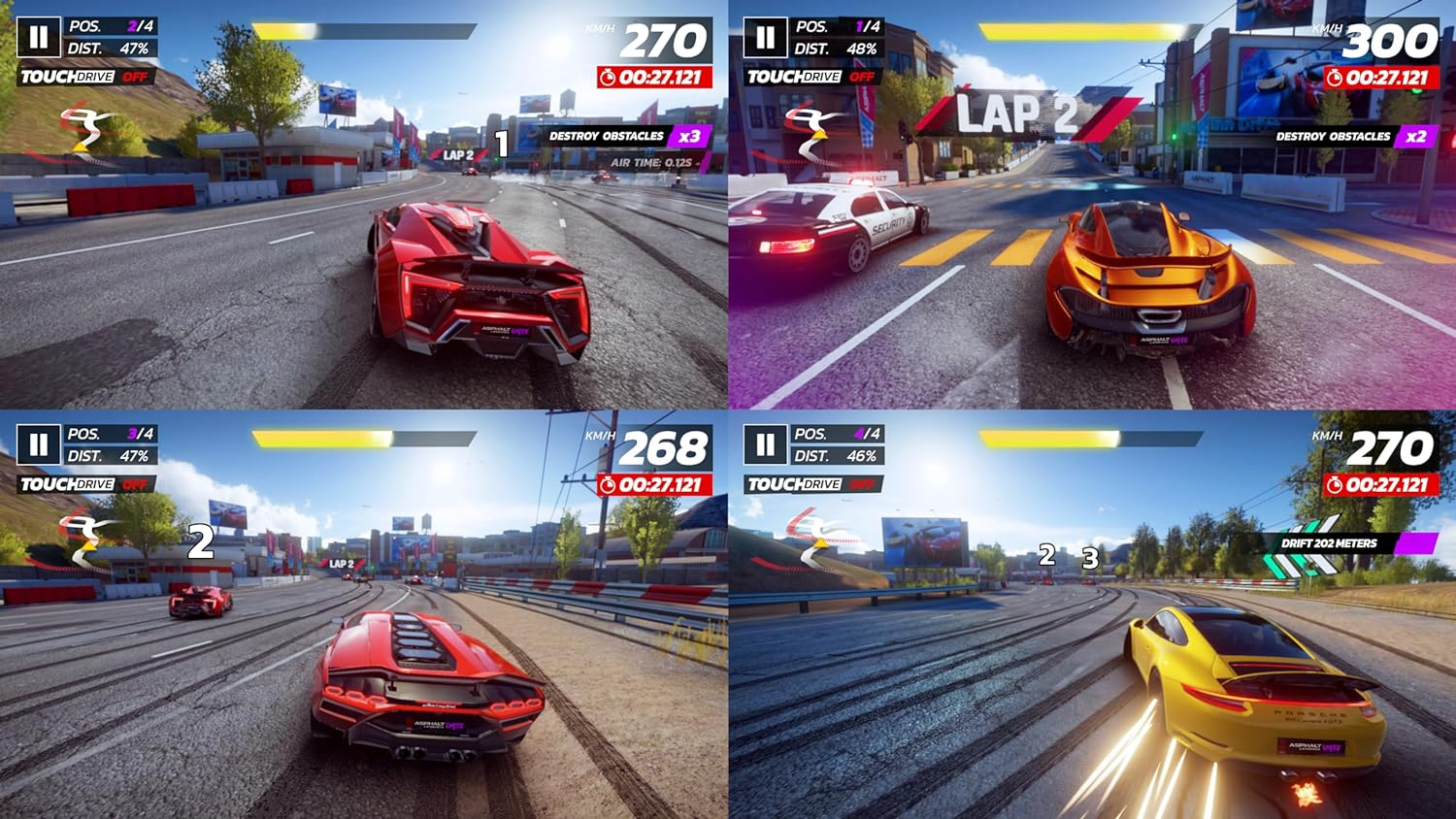 Un juego de carreras muestra cuatro vistas de coches corriendo en una pista.