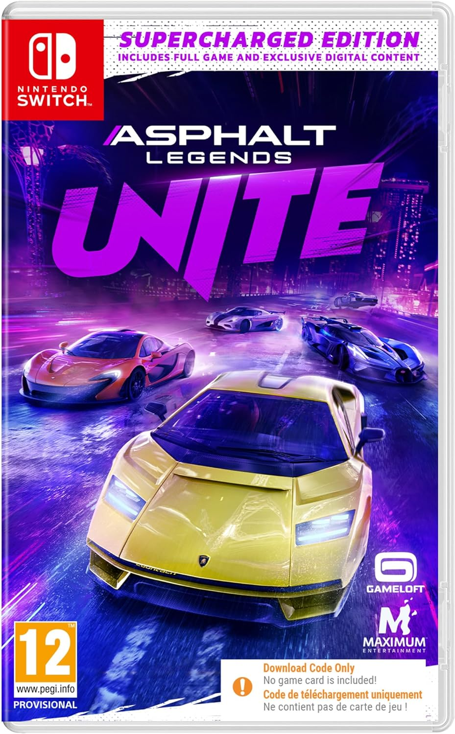 Caja de juego Nintendo Switch. Portada del juego Asphalt Legends Unite. Coches corriendo en una pista.