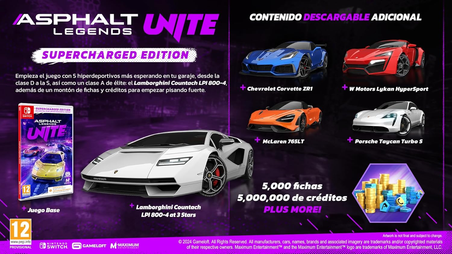 Anuncio de juego con coches, caja de juego y texto sobre Asphalt Legends Unite.