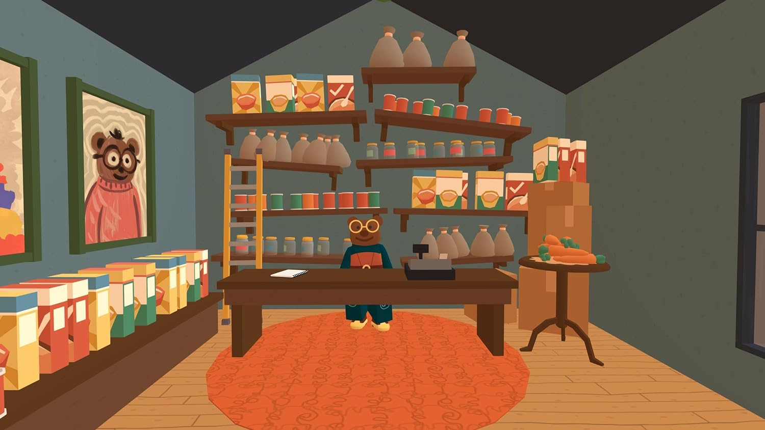 Ilustración de dibujos animados de un interior de tienda. Persona en un escritorio, estanterías llenas.