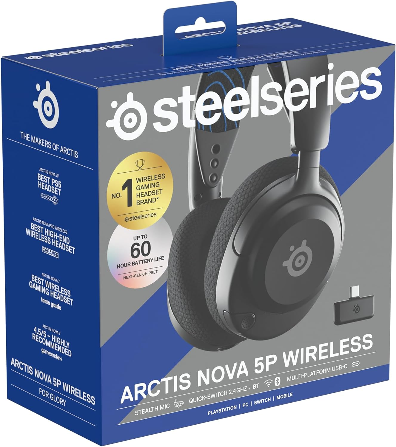 Una caja de auriculares con los auriculares Arctis Nova 5P Wireless.