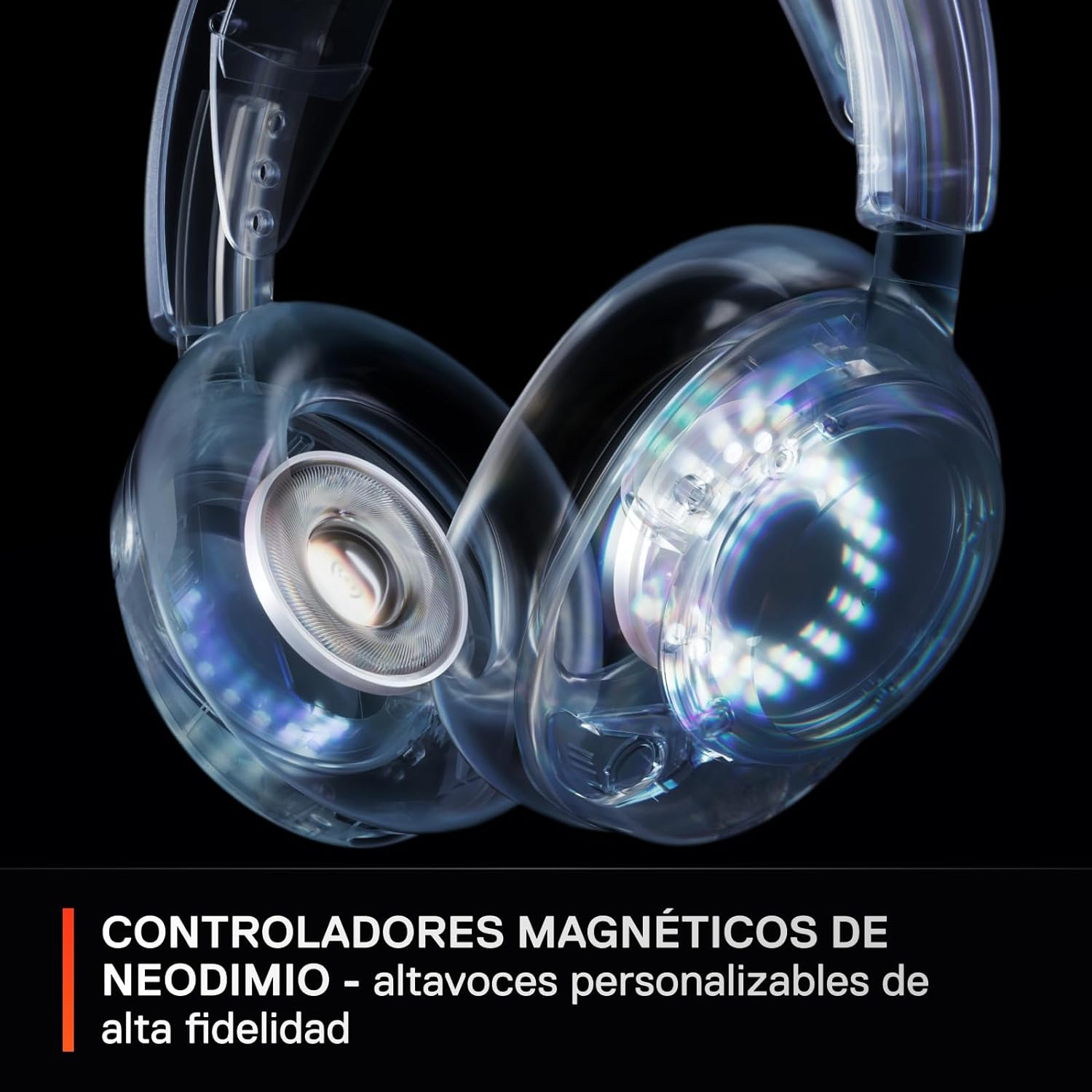 Auriculares transparentes mostrando componentes internos, con texto en español.