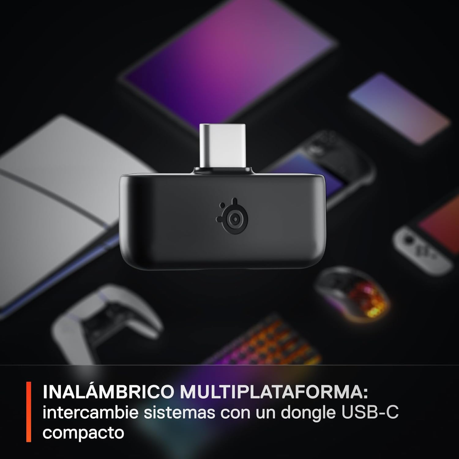 Un pequeño dispositivo negro con un conector USB-C con otros dispositivos.