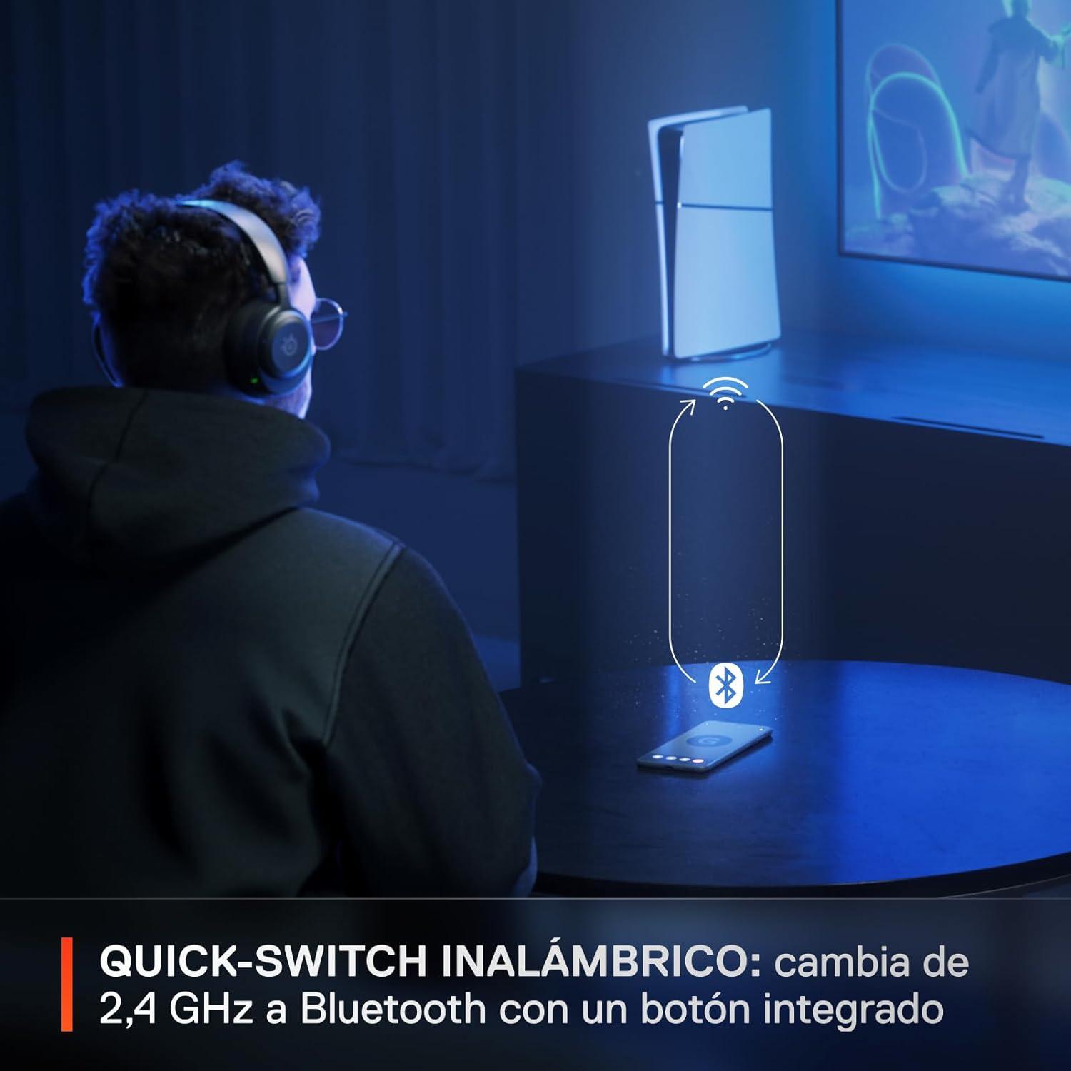 Hombre con auriculares, jugando. Símbolo de conexión inalámbrica con smartphone.
