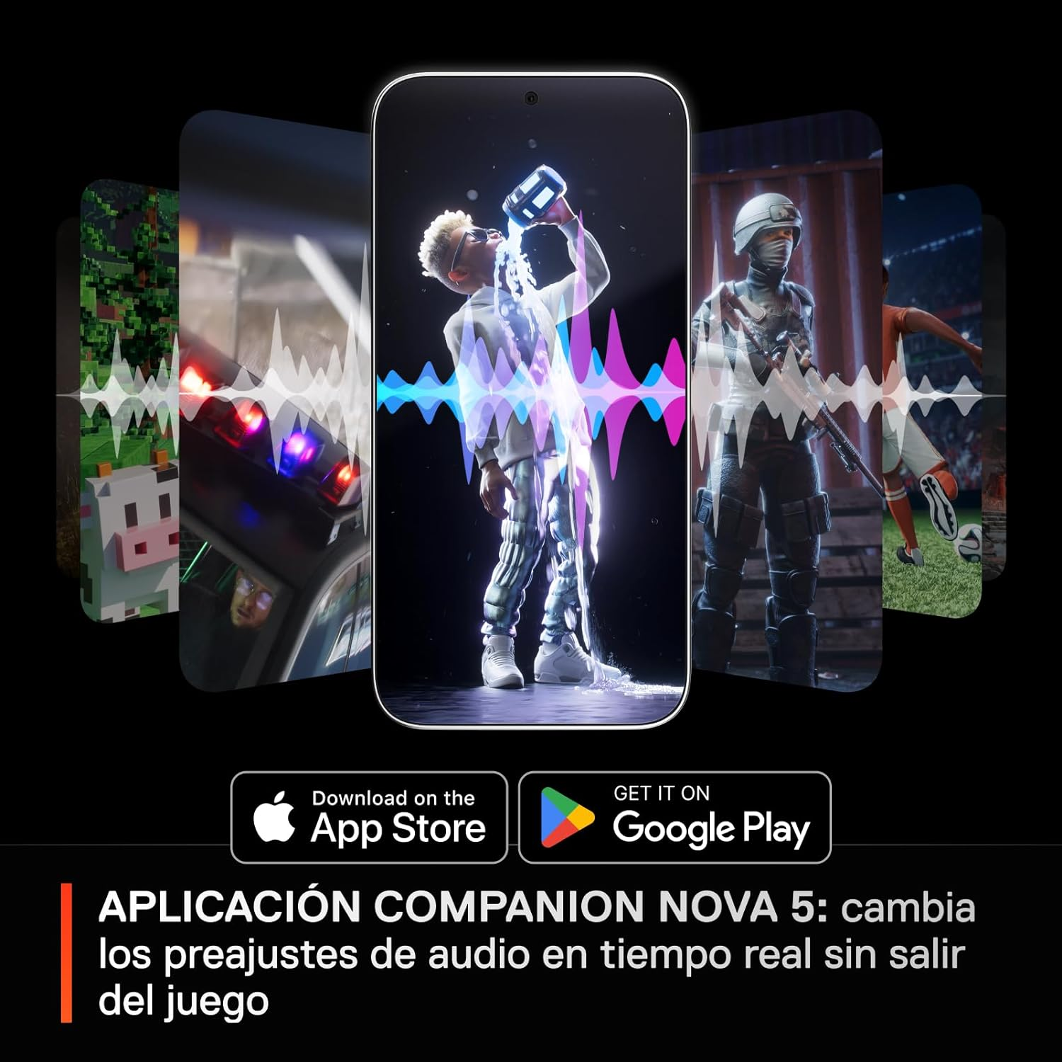 Un smartphone con gráficos superpuestos de ondas sonoras y escenas de juego, junto con logotipos de tiendas de aplicaciones.
