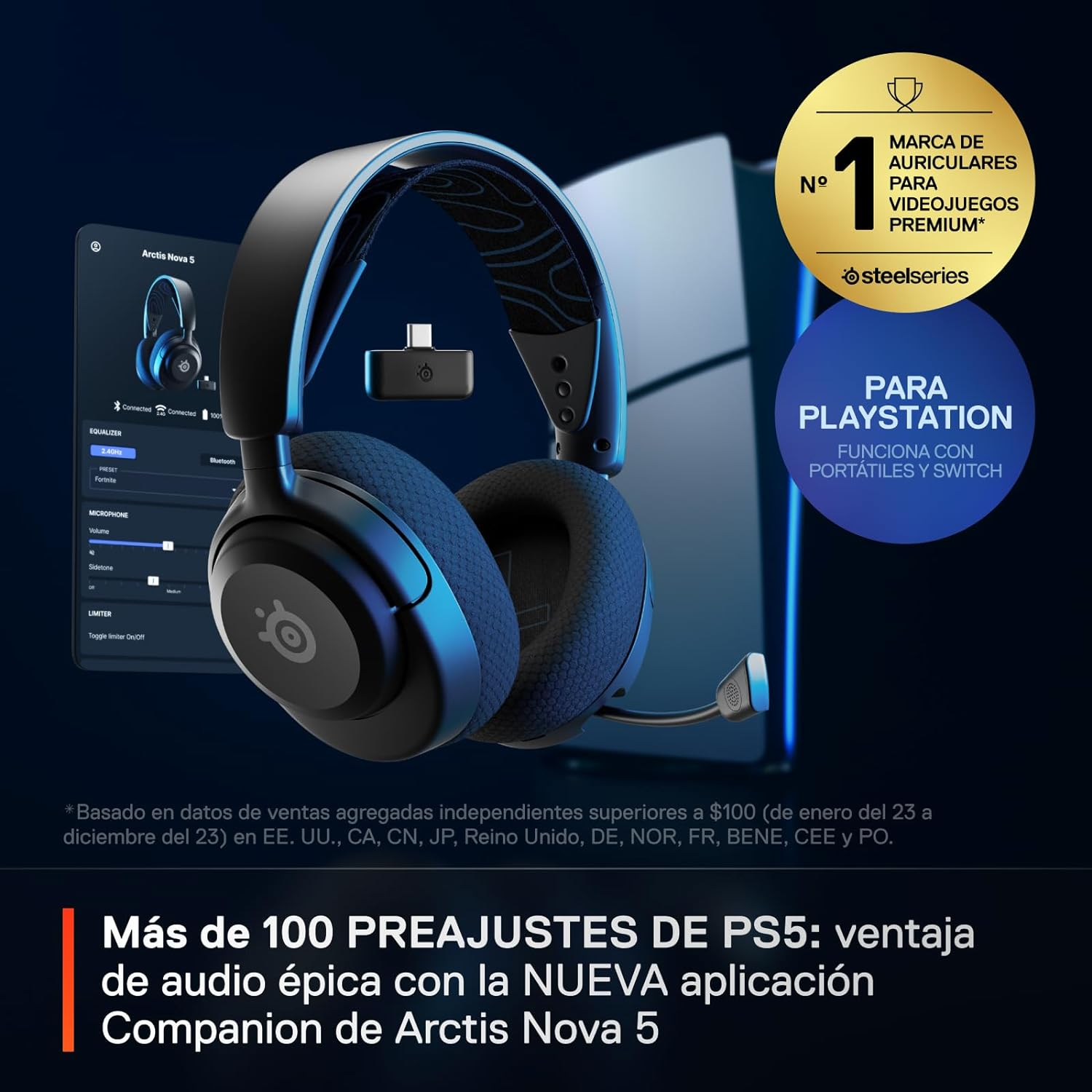 Auriculares para juegos negros con base. Texto en español. Fondo azul y logotipo de Playstation.