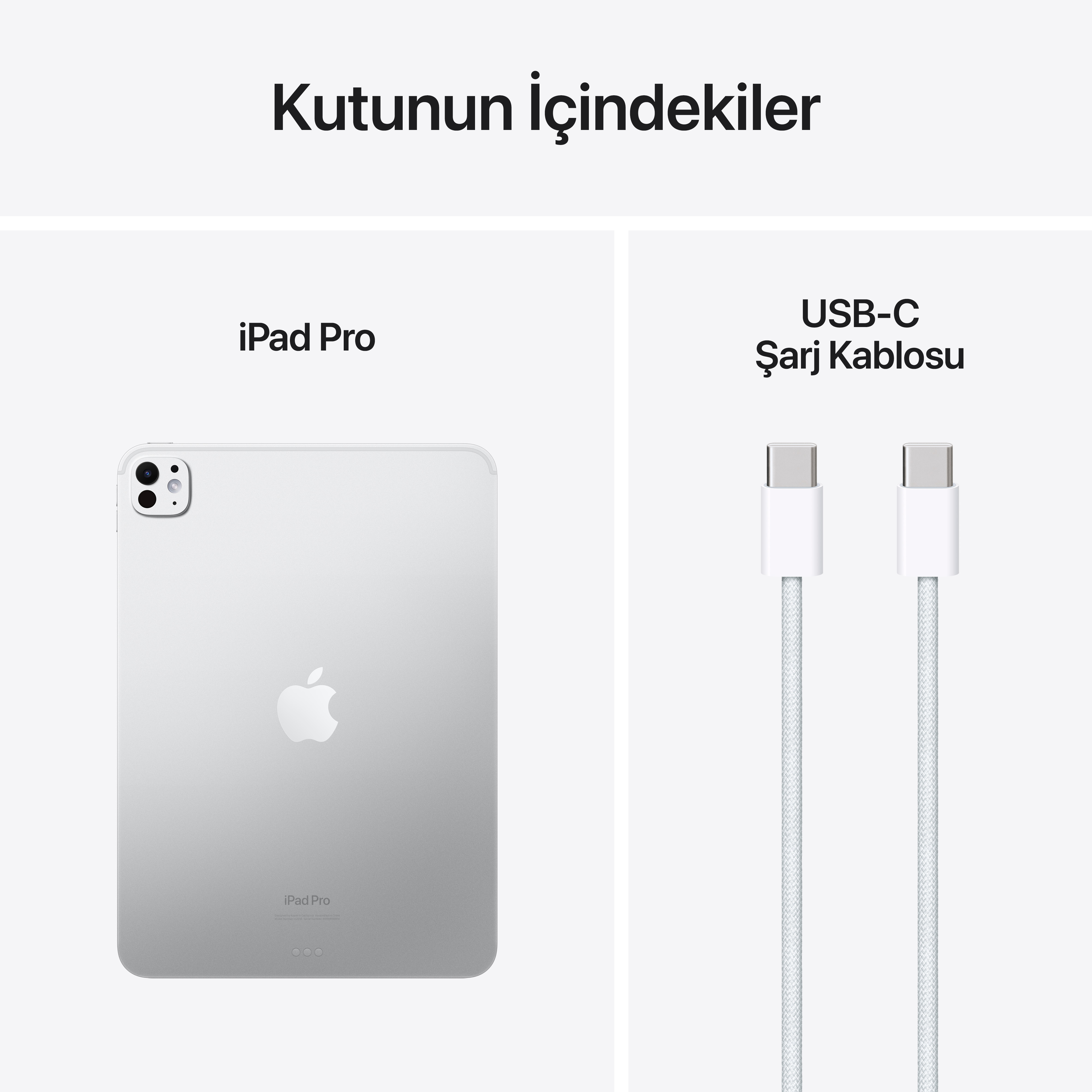 Beyaz arka plan üzerinde iPad Pro ve USB-C şarj kablosu.