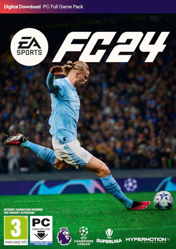 EA Sports FC 24 játék borító, egy focistával, aki rúgja a labdát.